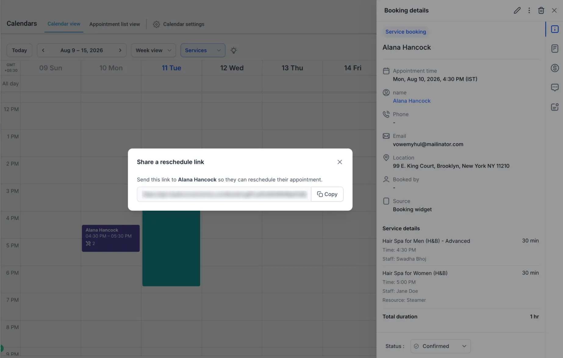 Copy generated reschedule link