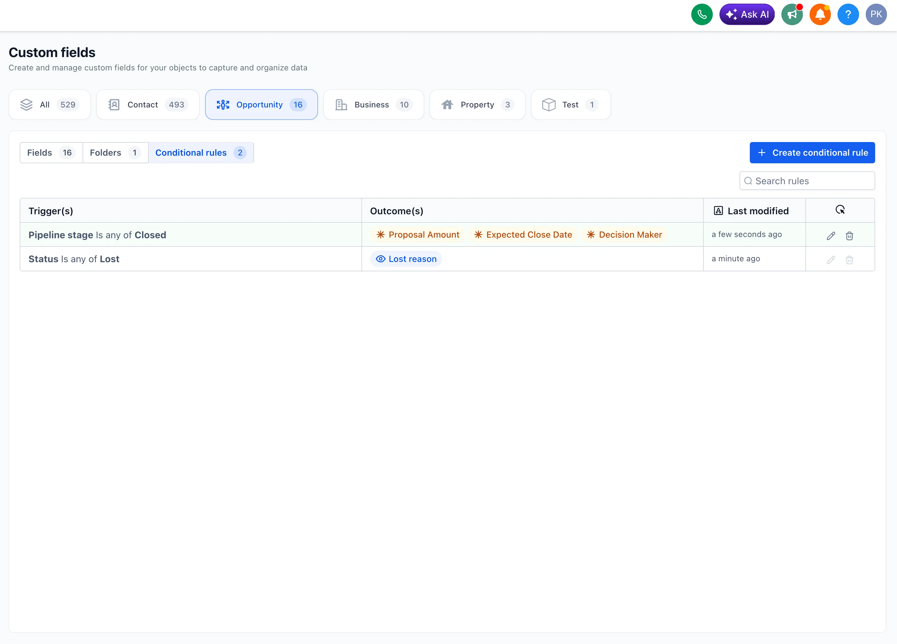 Conditional opportunity field rule builder