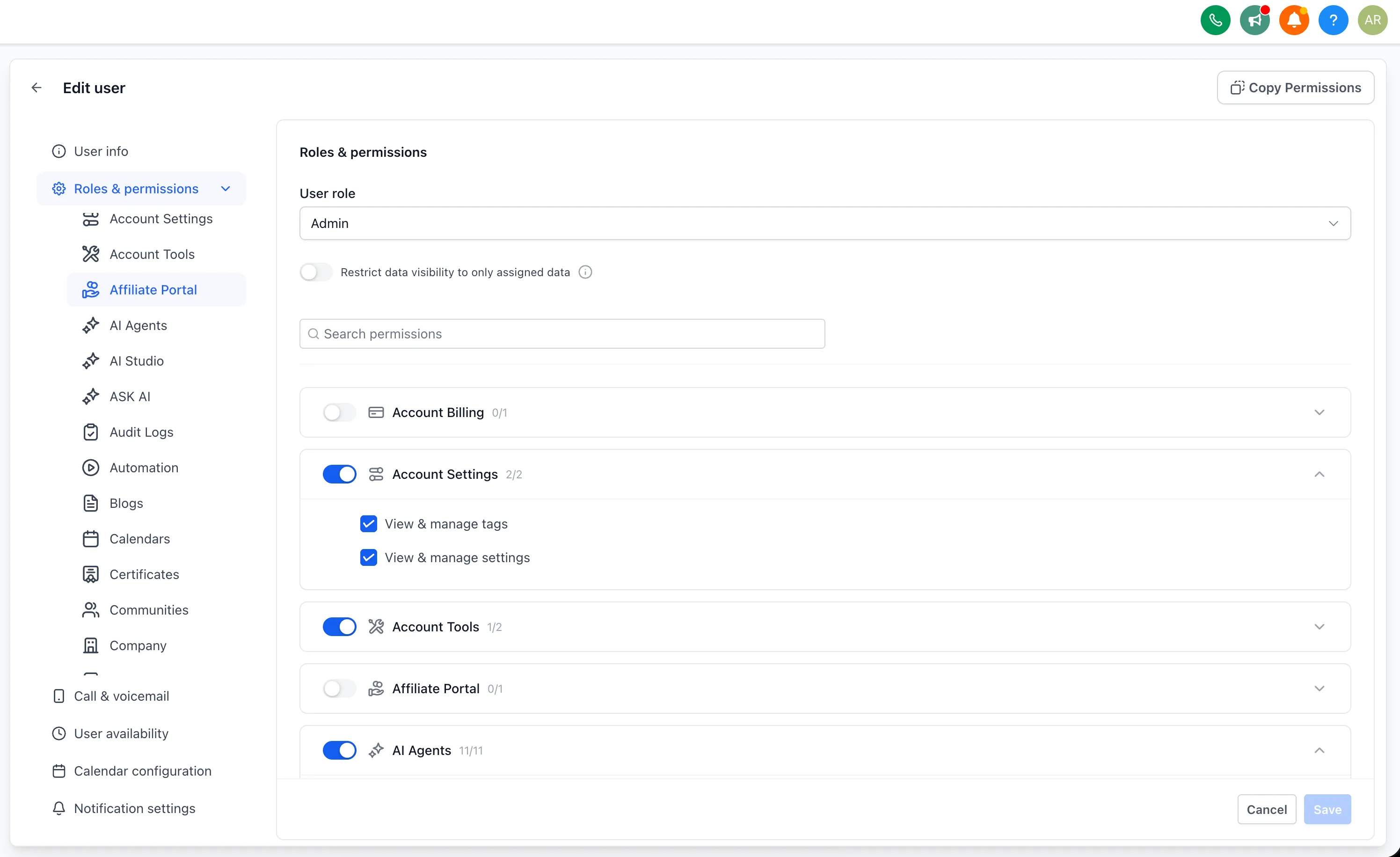 Subaccount permissions