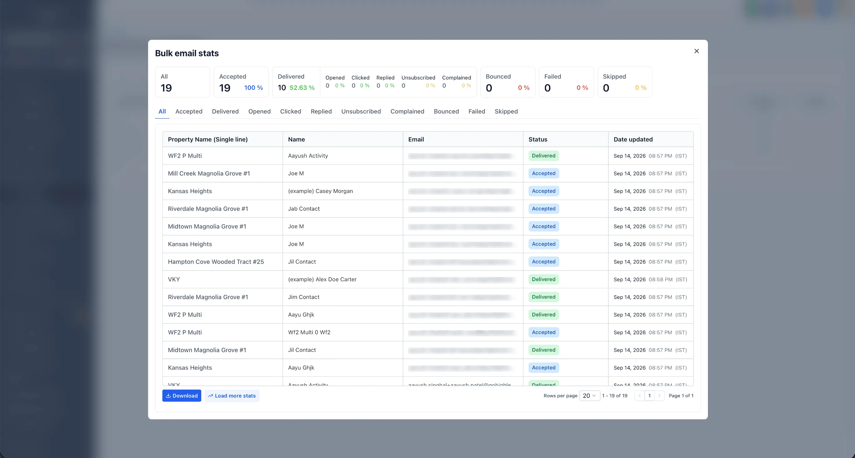 Bulk email statistics table with recipient delivery statuses