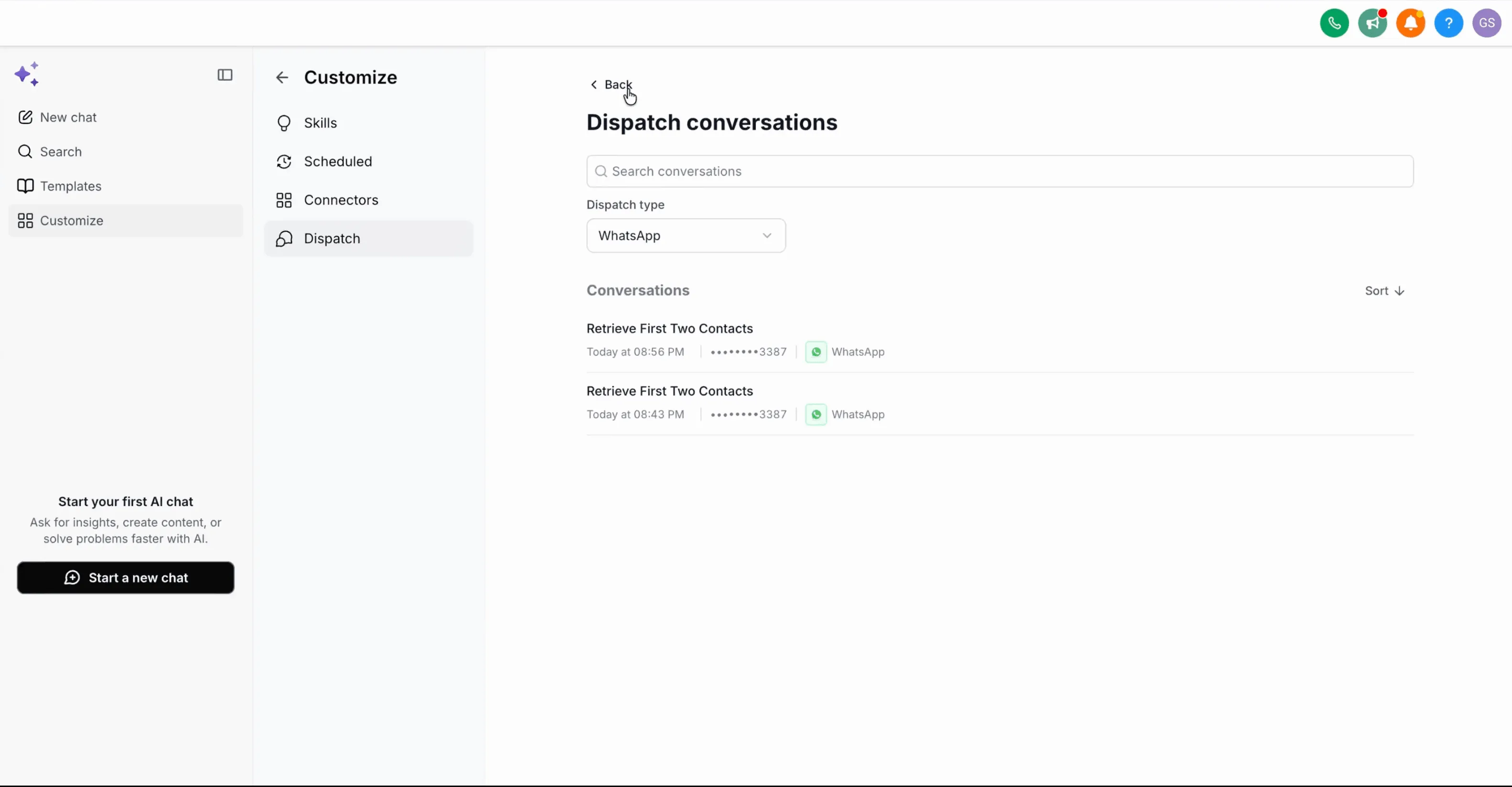Dispatch conversations list filtered to WhatsApp