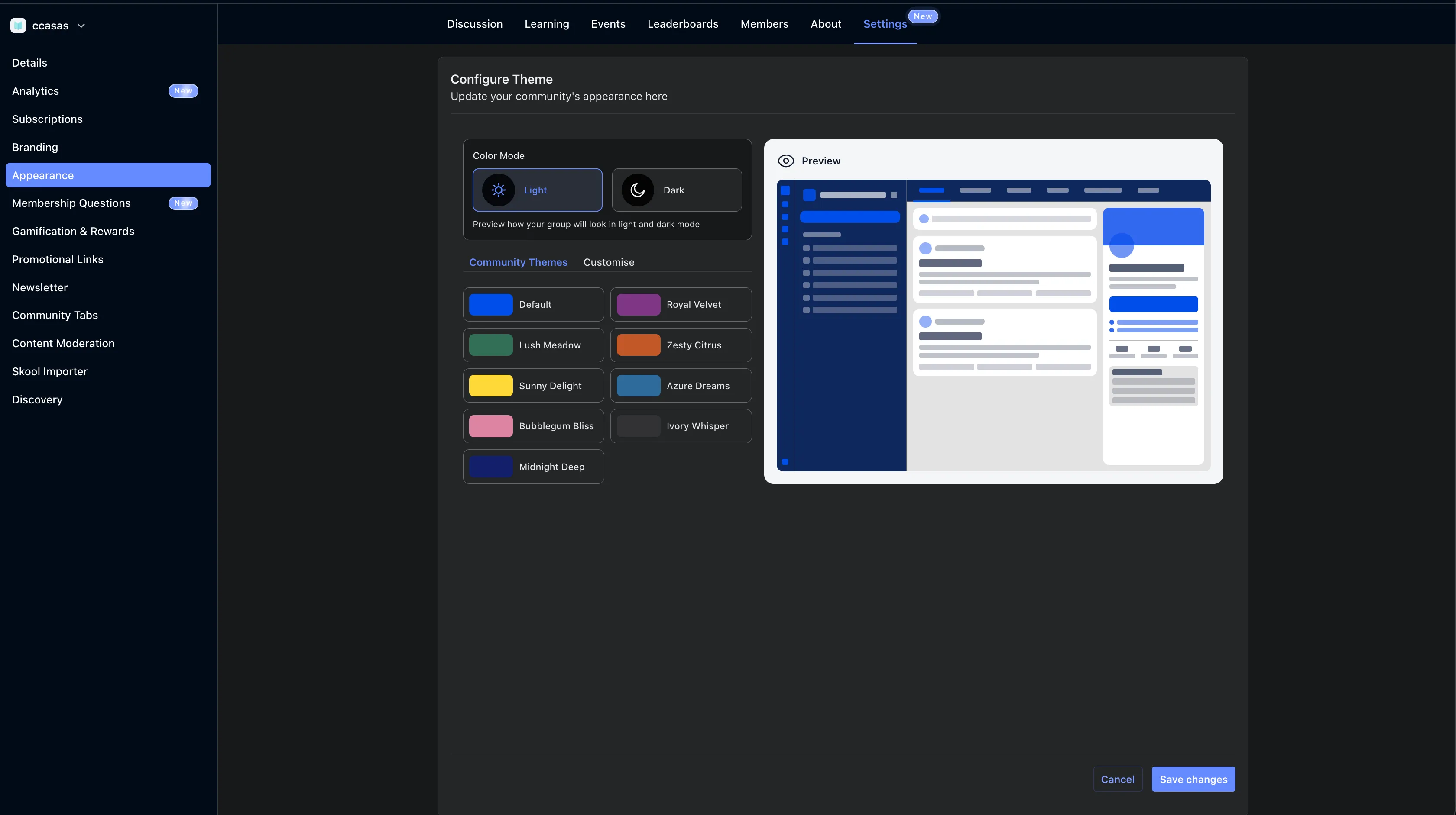 Community Appearance settings with separate Light and Dark palette controls and a theme preview