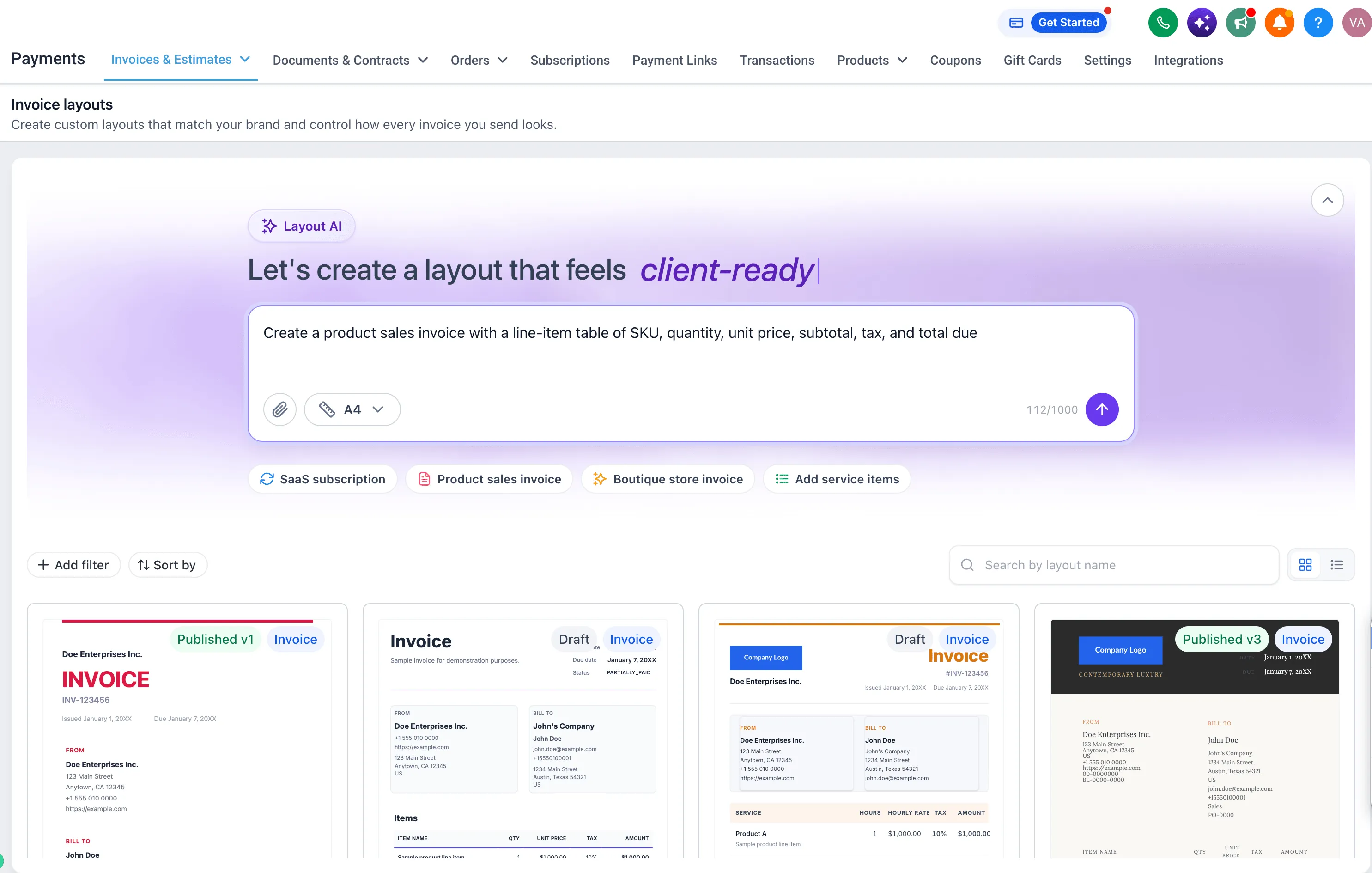 Invoice layouts gallery with an AI layout prompt