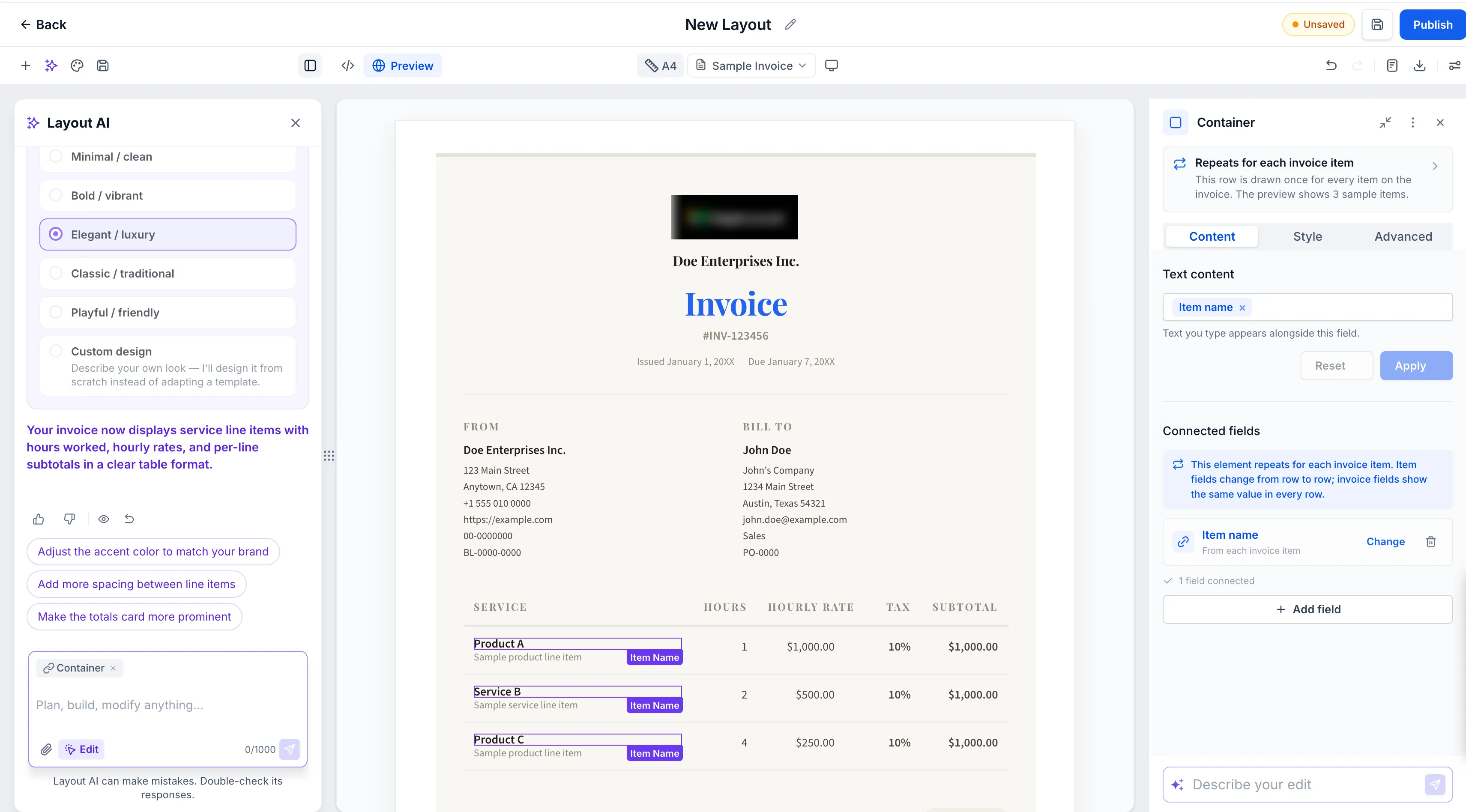 Invoice layout editor showing AI style choices and connected item fields