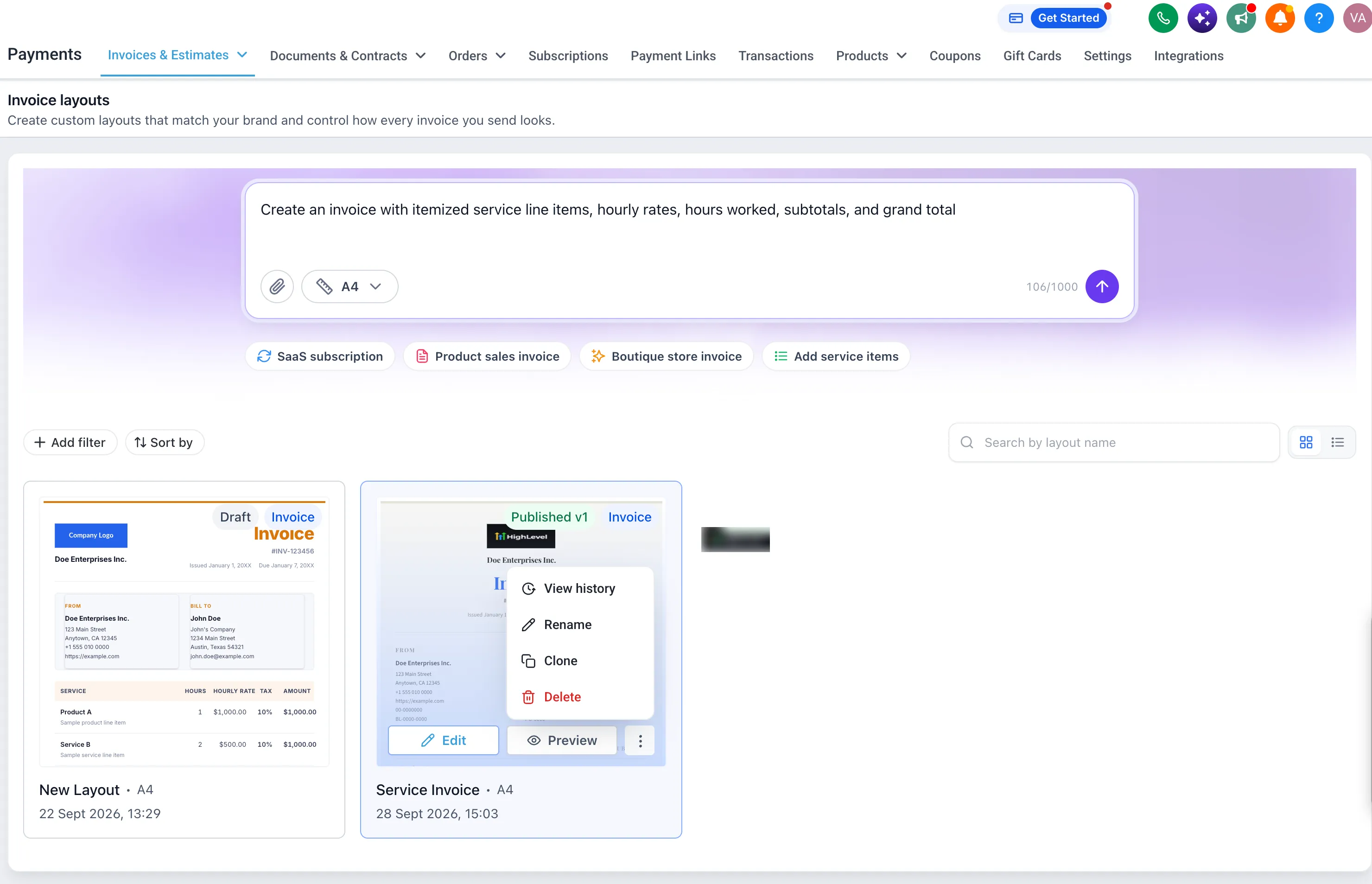 Invoice layout gallery with version history, rename, clone, and delete actions