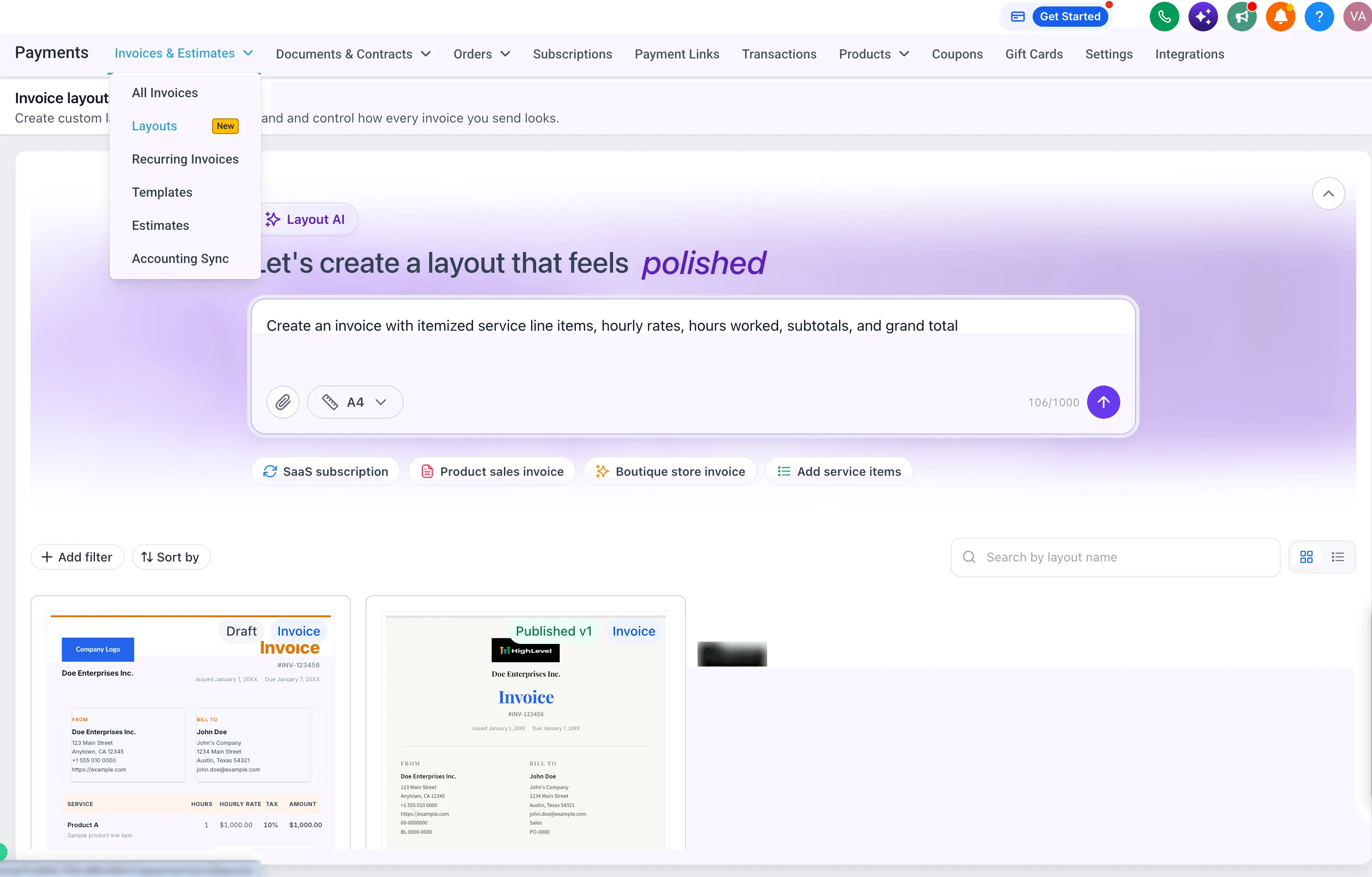 Invoices and Estimates menu with the Layouts option highlighted
