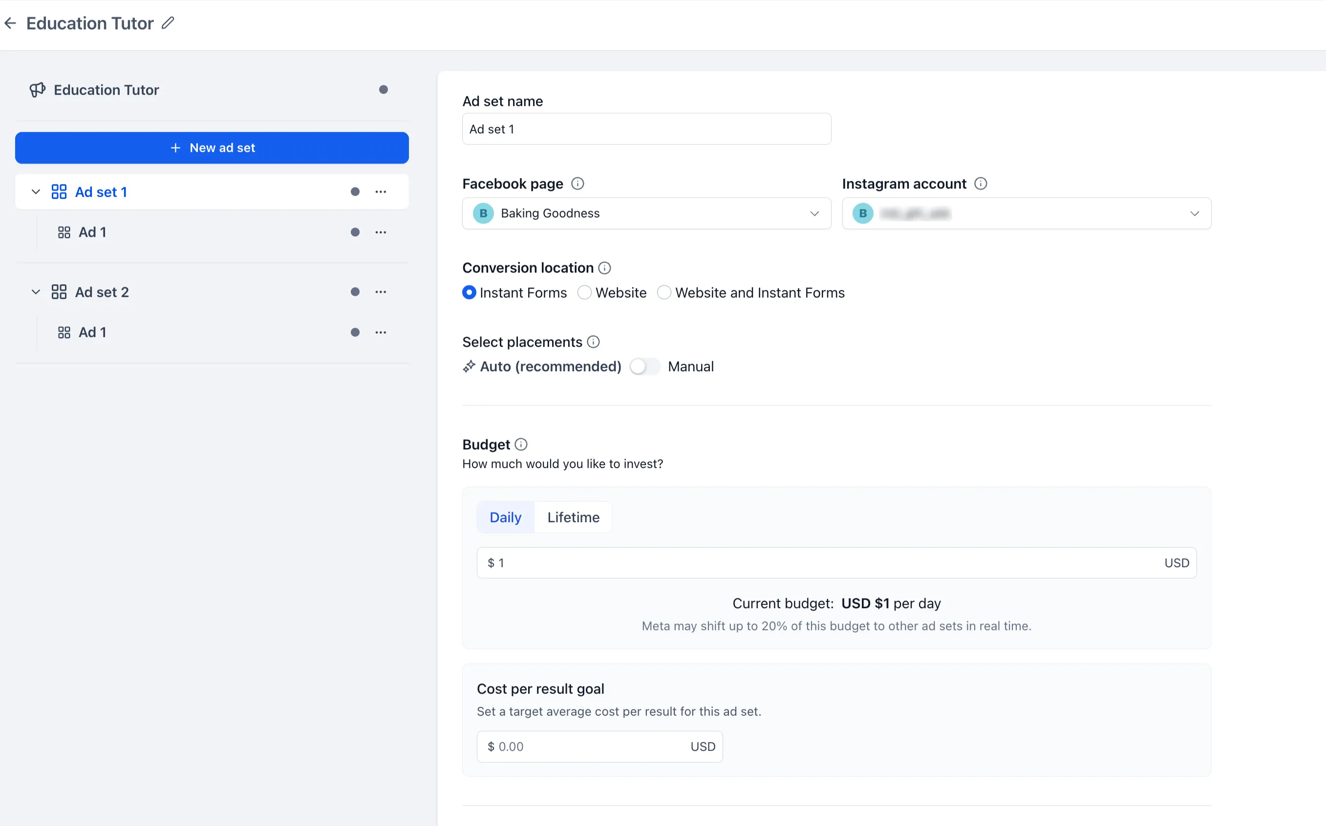 Ad set editor with daily or lifetime budget and cost-per-result goal fields