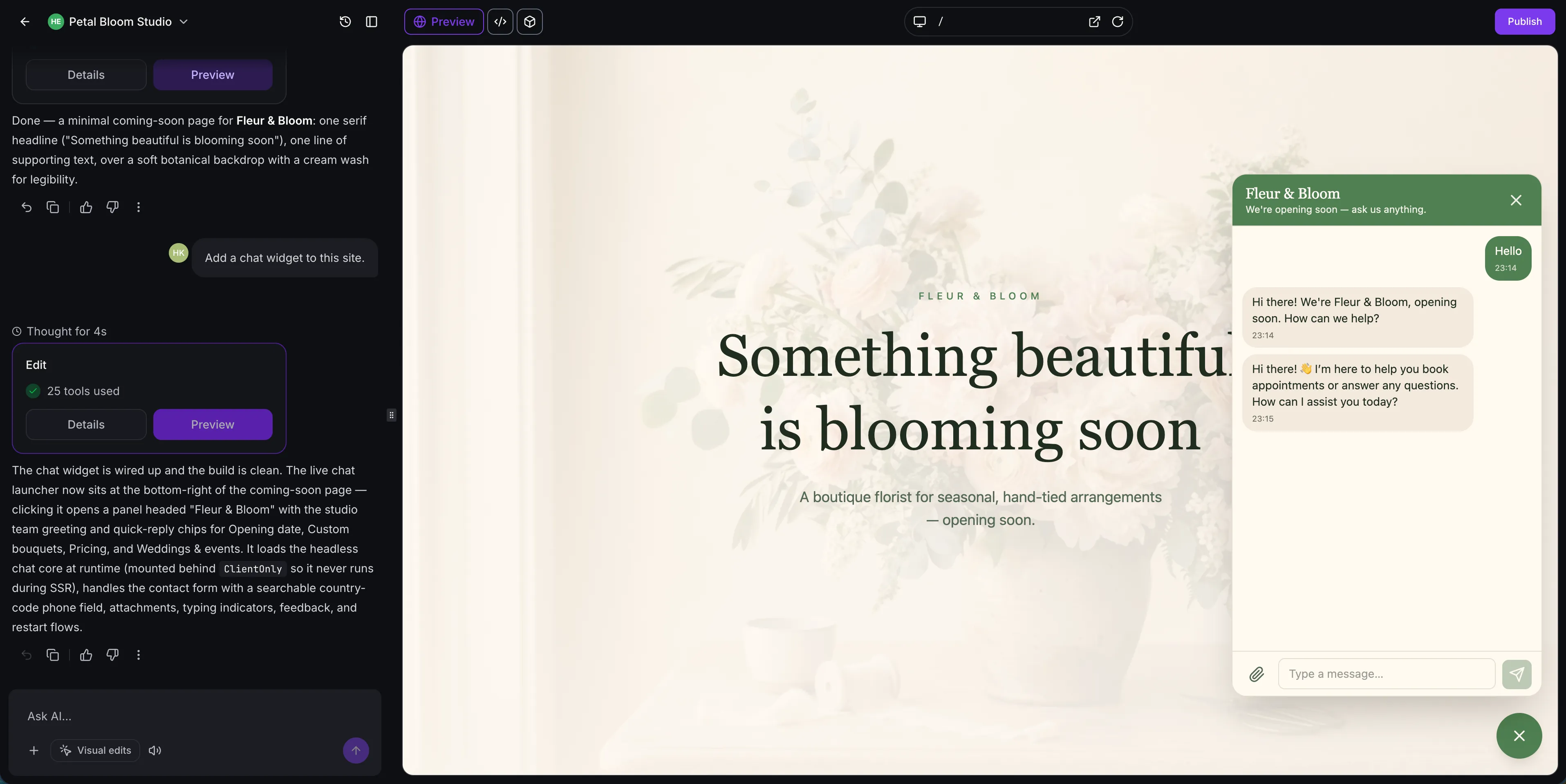 Live conversation in the chat widget