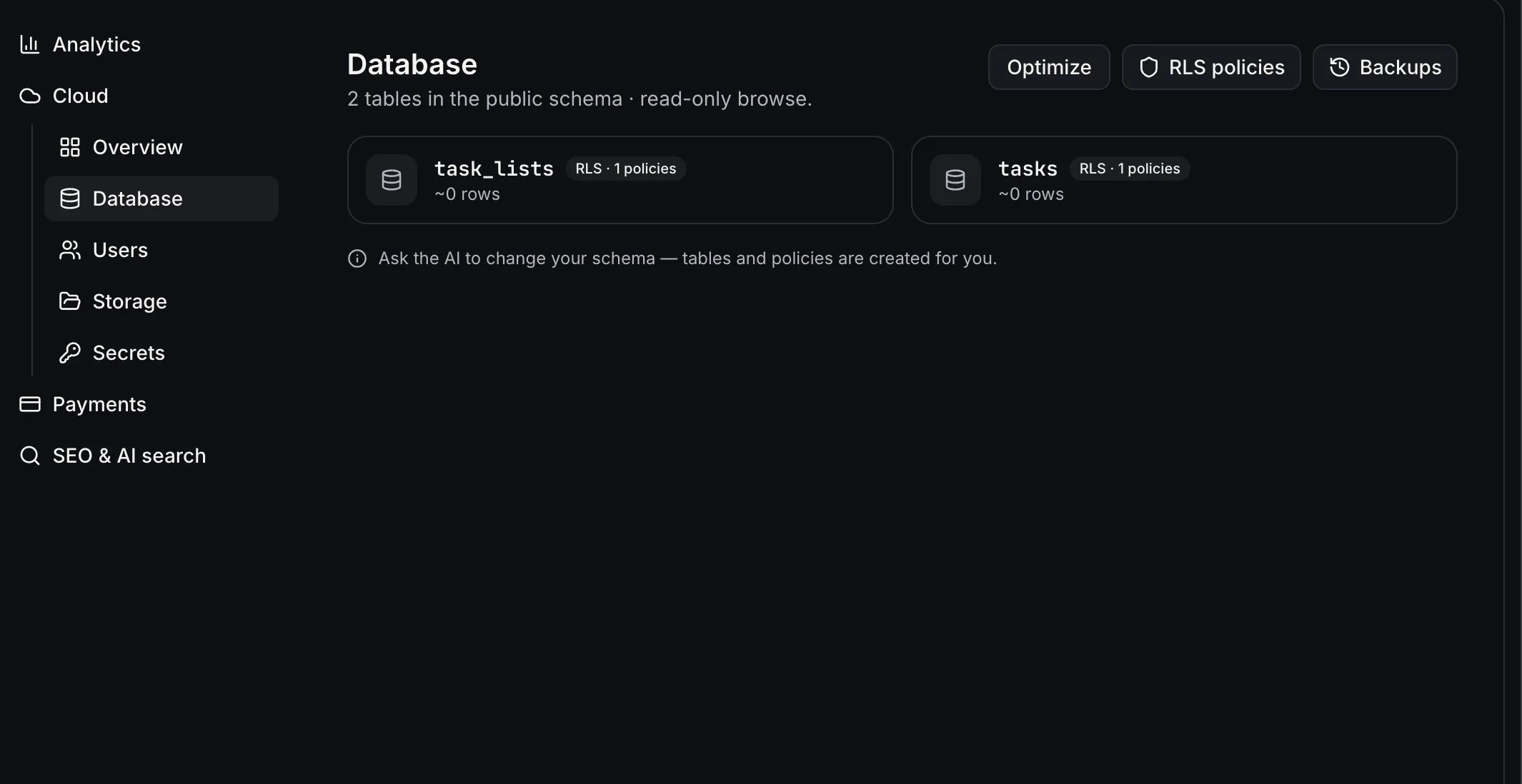 Database browser listing tables with row-level security policy counts