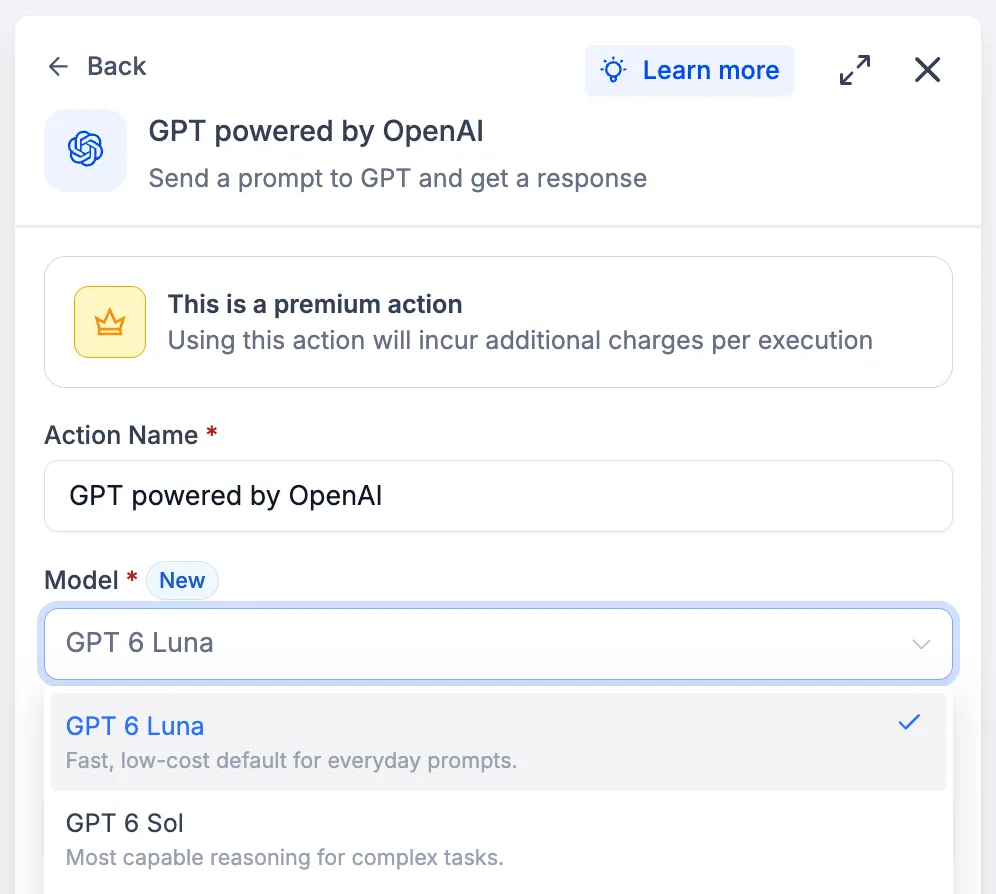 GPT workflow action model menu offering GPT-6 Luna and GPT-6 Sol