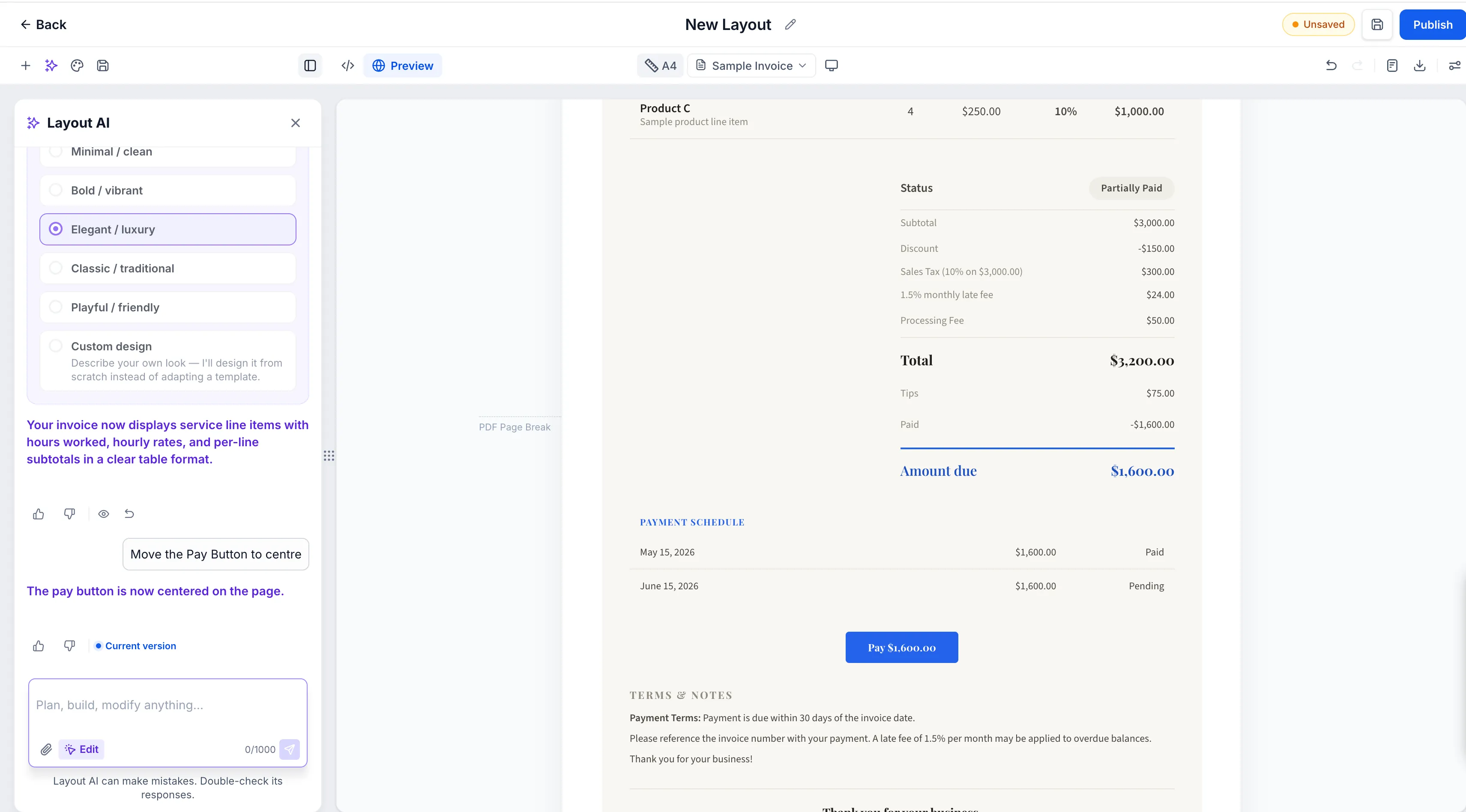 AI invoice editor with payment button positioning and invoice totals