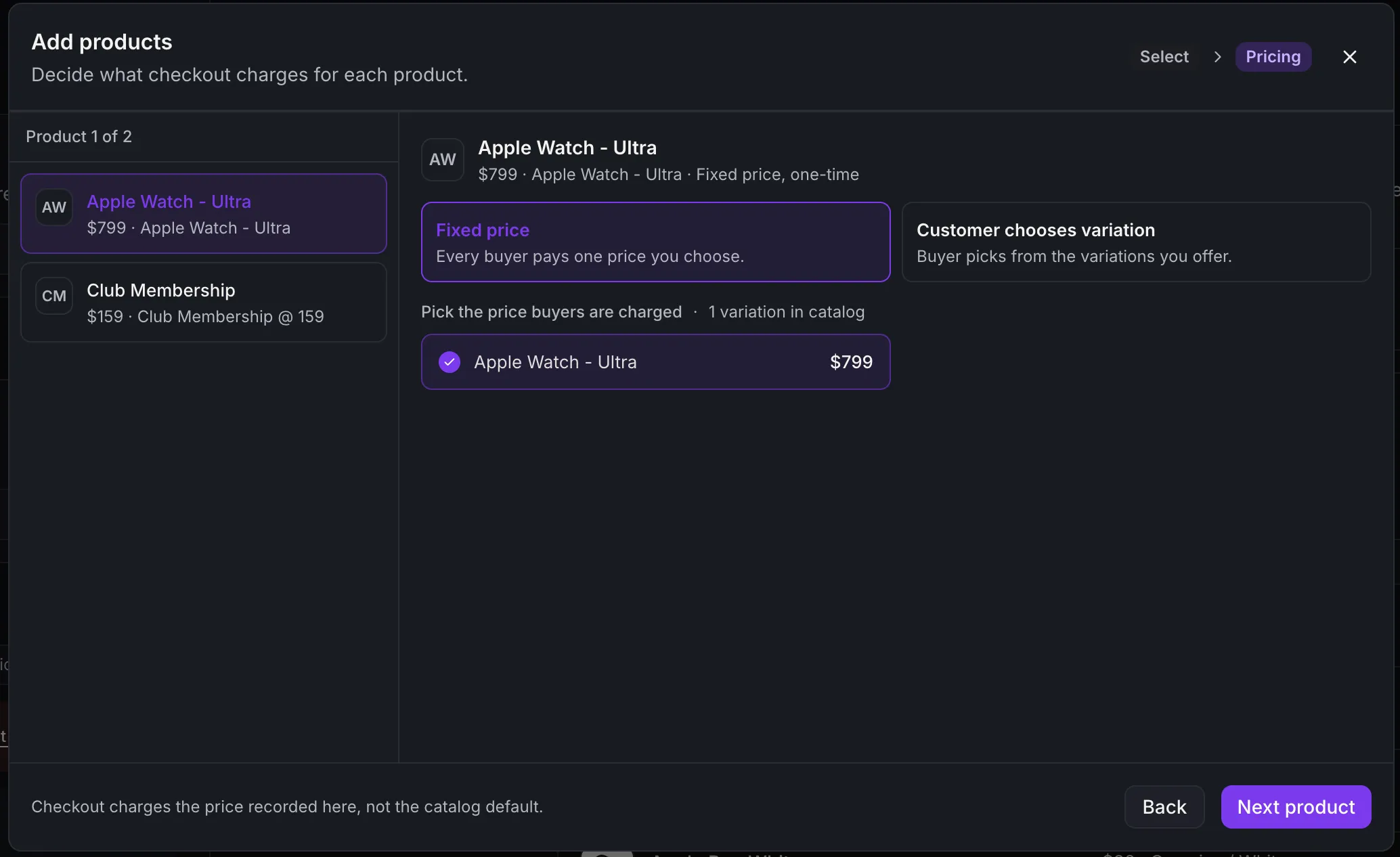 Product pricing selection with fixed-price and variation options