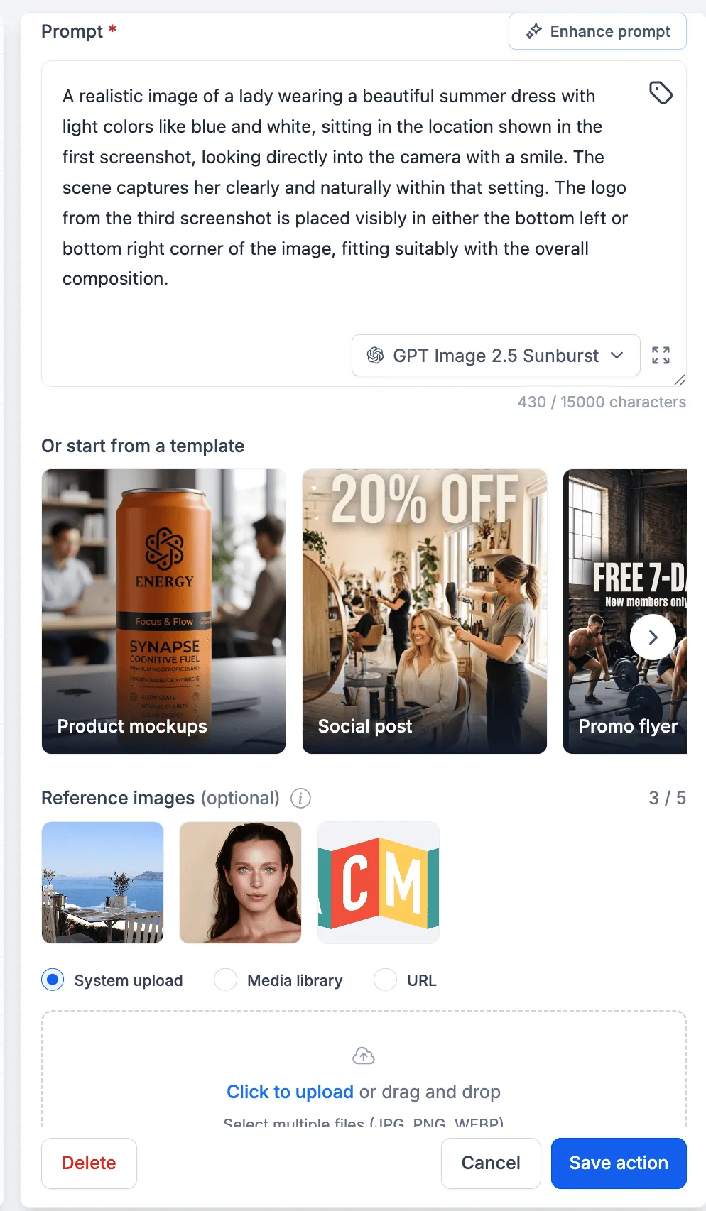 Image generation prompt with three reference-image thumbnails
