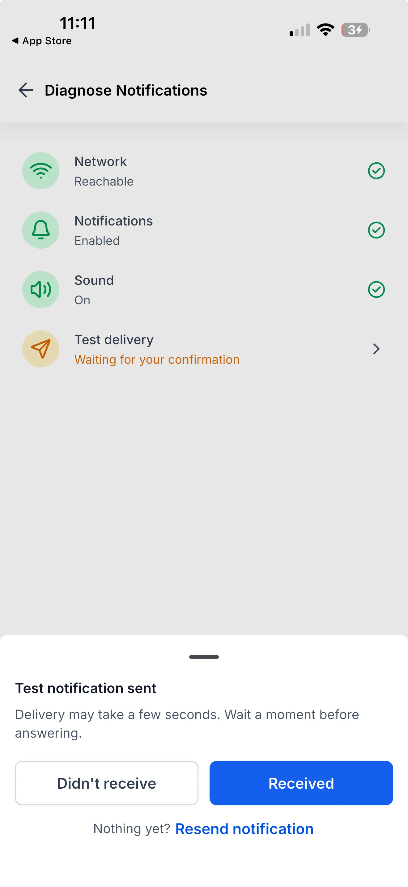 Notification diagnosis asking whether the test notification arrived, with a resend option