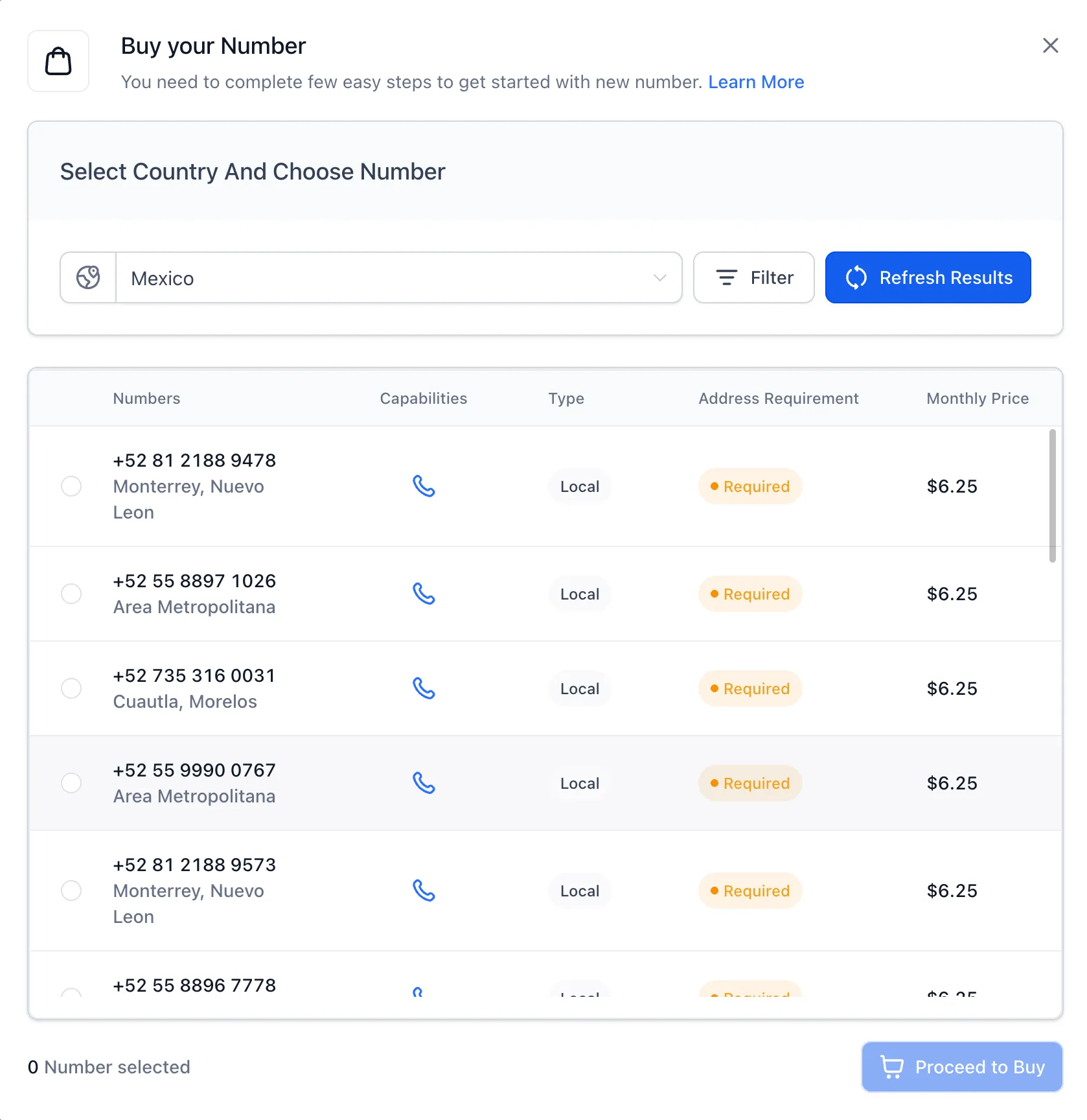 Mexico phone-number purchase results showing capability icons