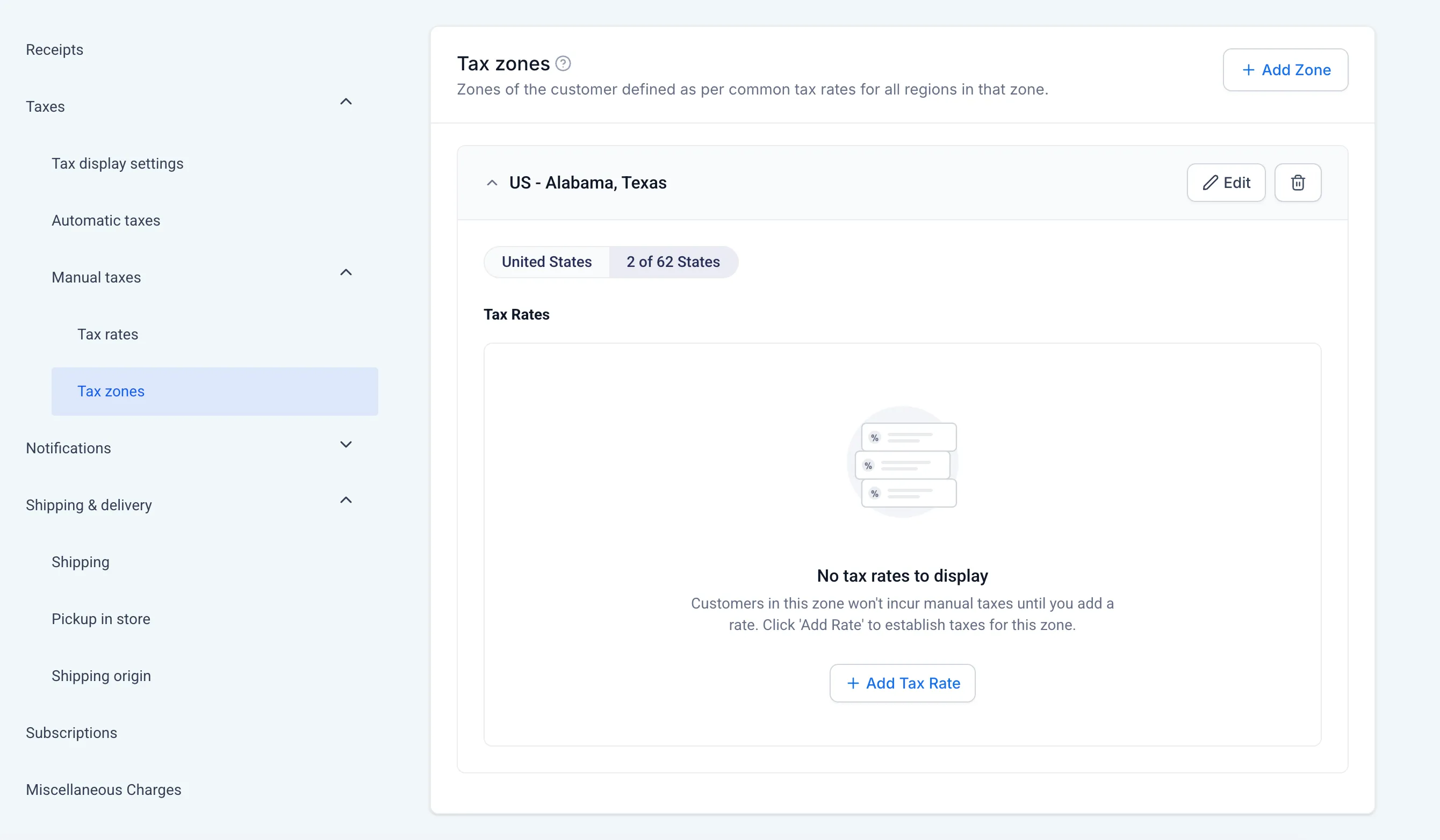 Tax zone details with no rates yet and an Add Tax Rate button