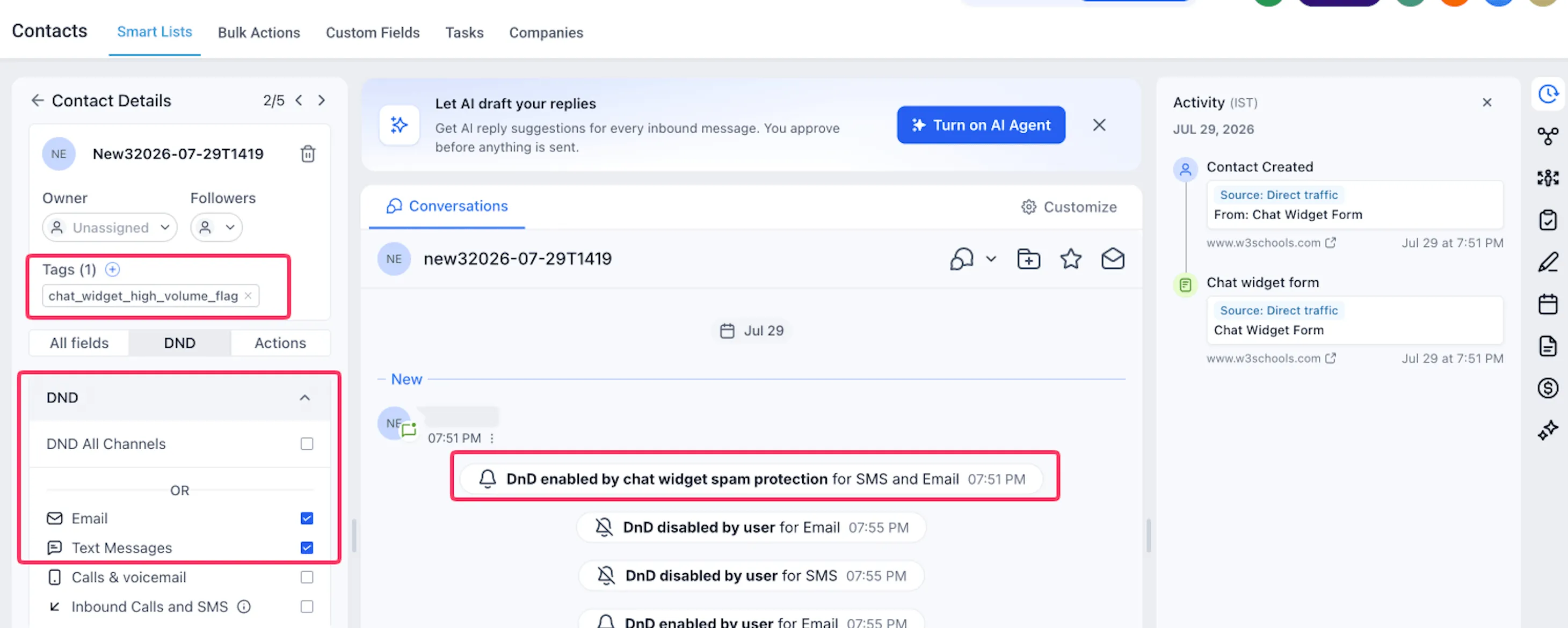 Contact record showing the spam protection tag and a log entry for paused SMS and email