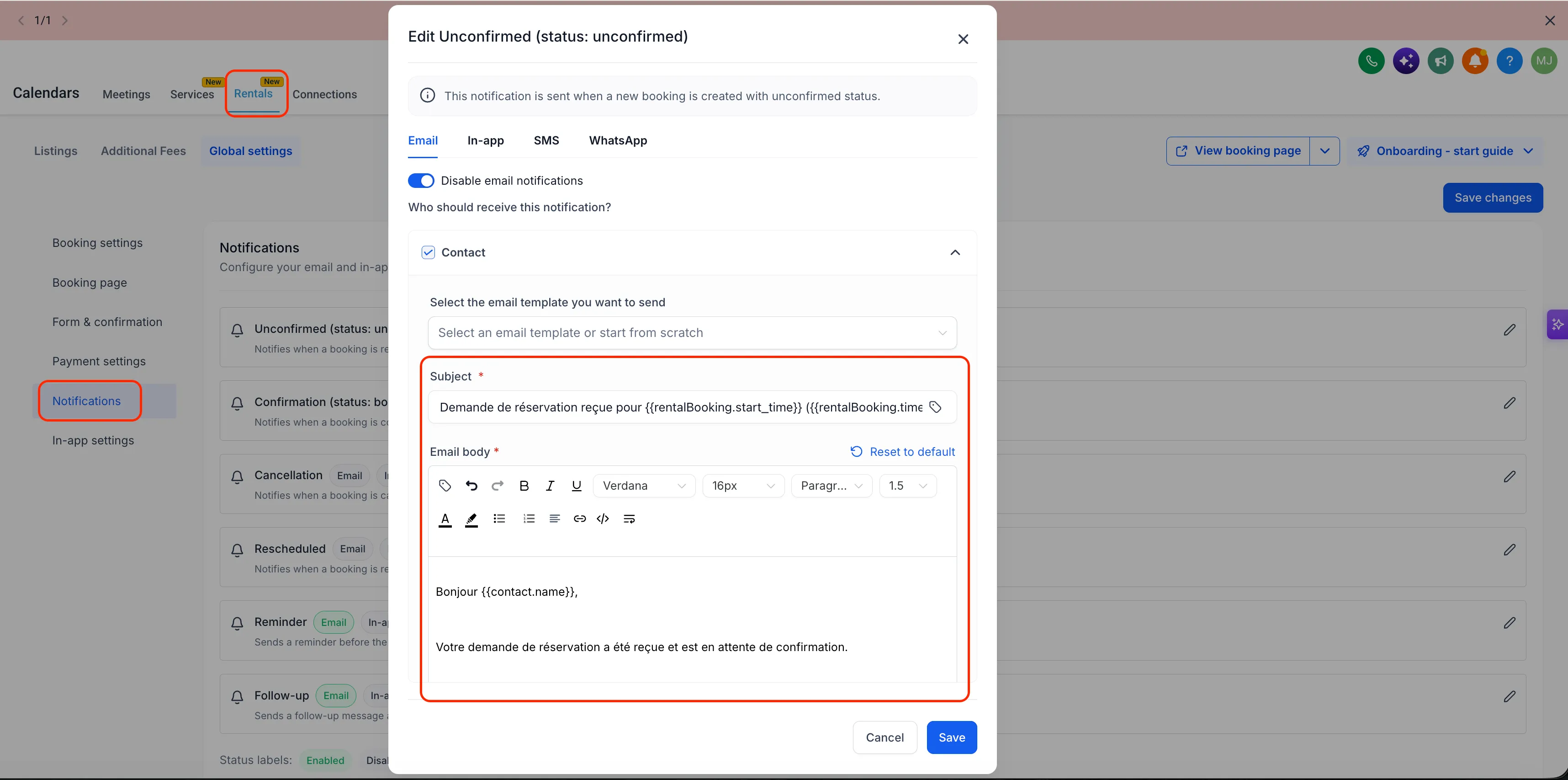 Rental booking notification editor with a translated email subject and message