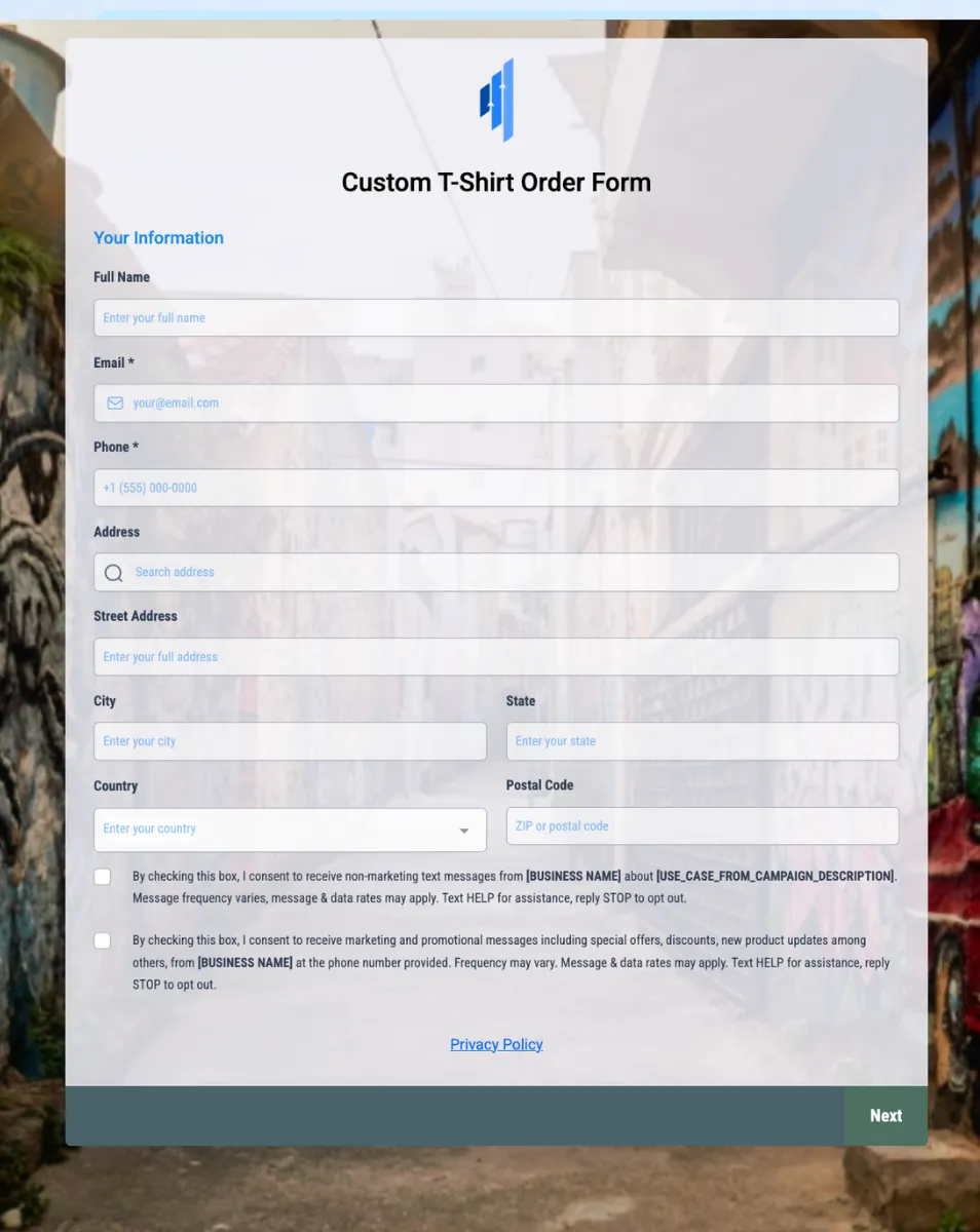 Custom T-Shirt Order Form - Form
