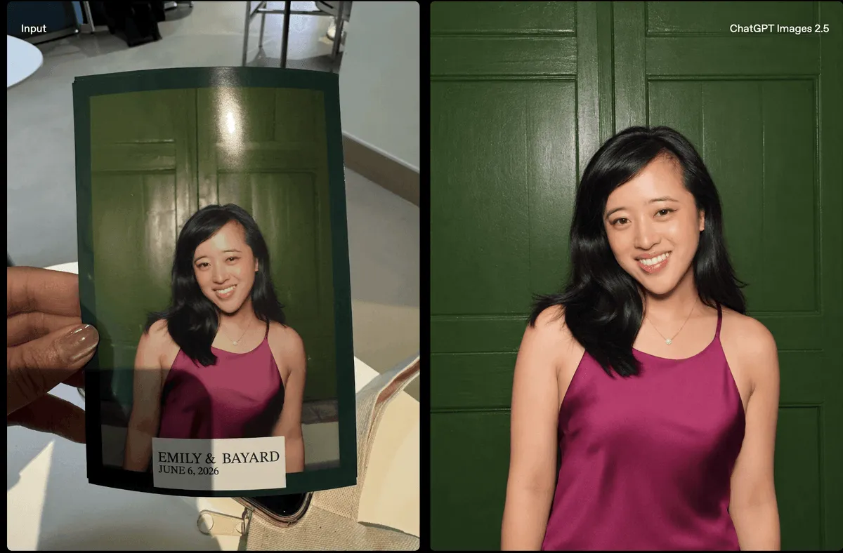AI image restoration example with an original printed photo and restored portrait