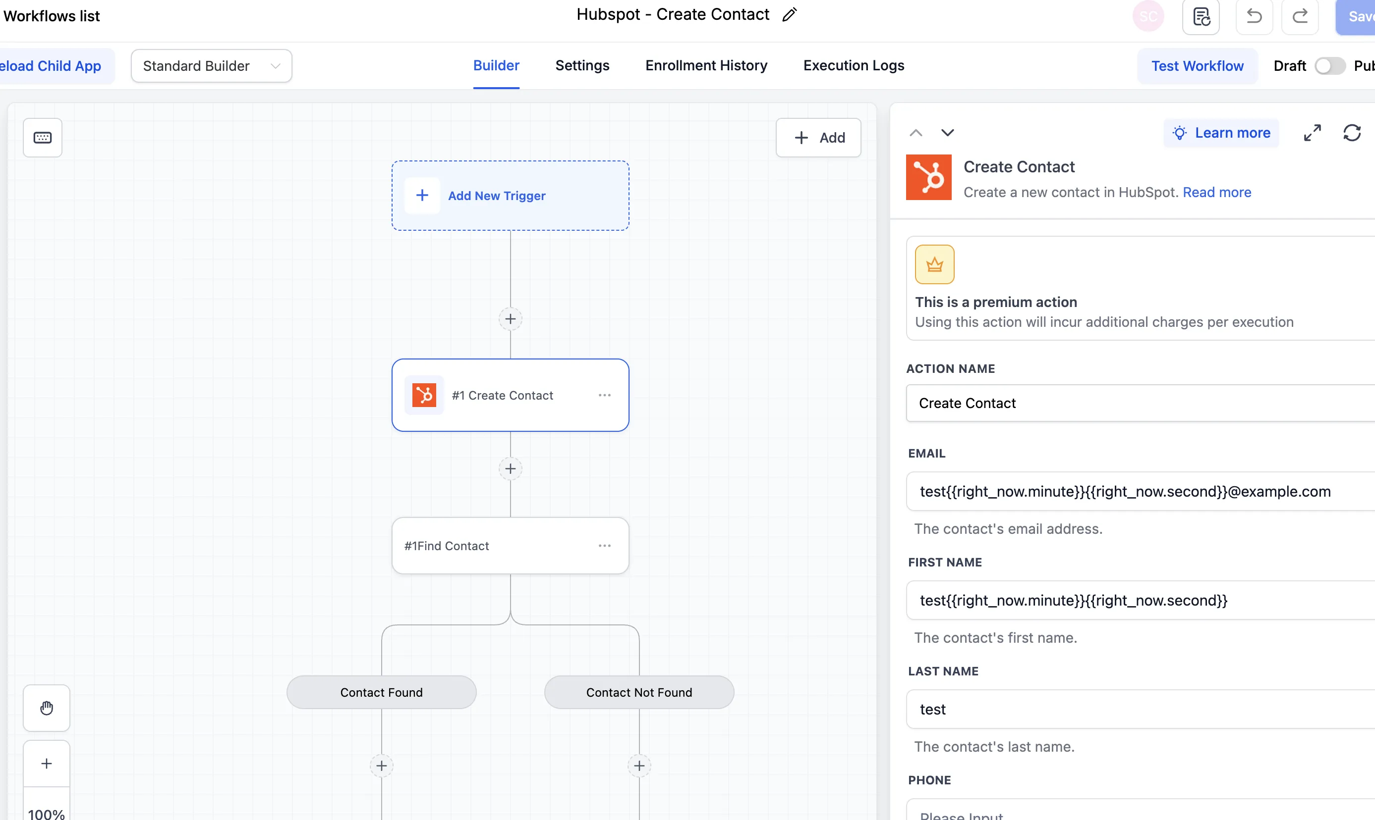 HubSpot create contact action setup