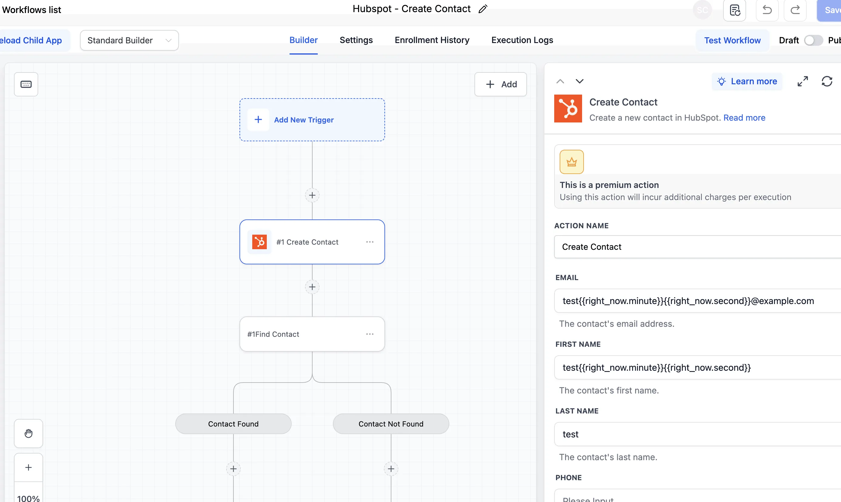 HubSpot create contact action setup