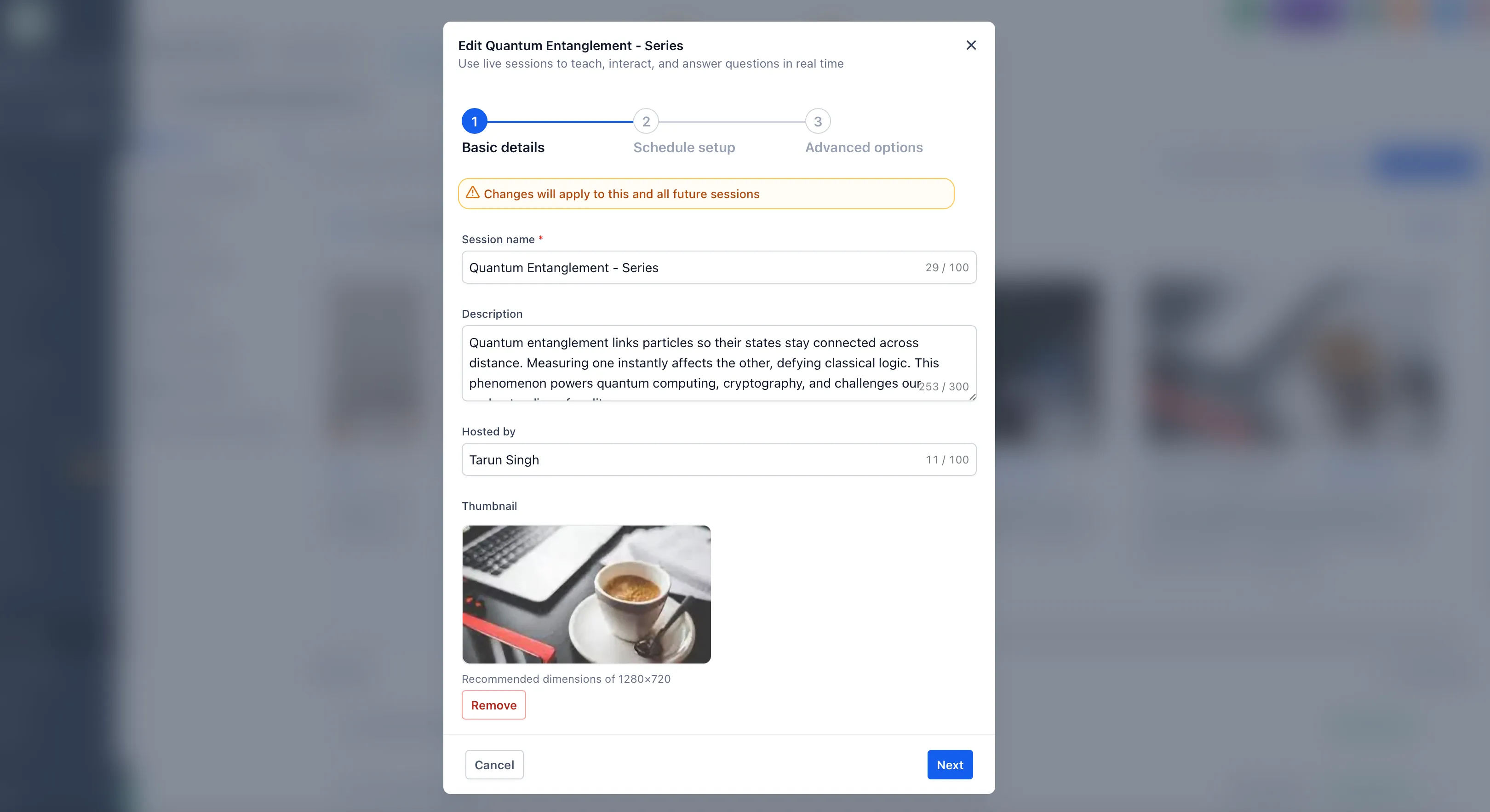 Course live session notifications
