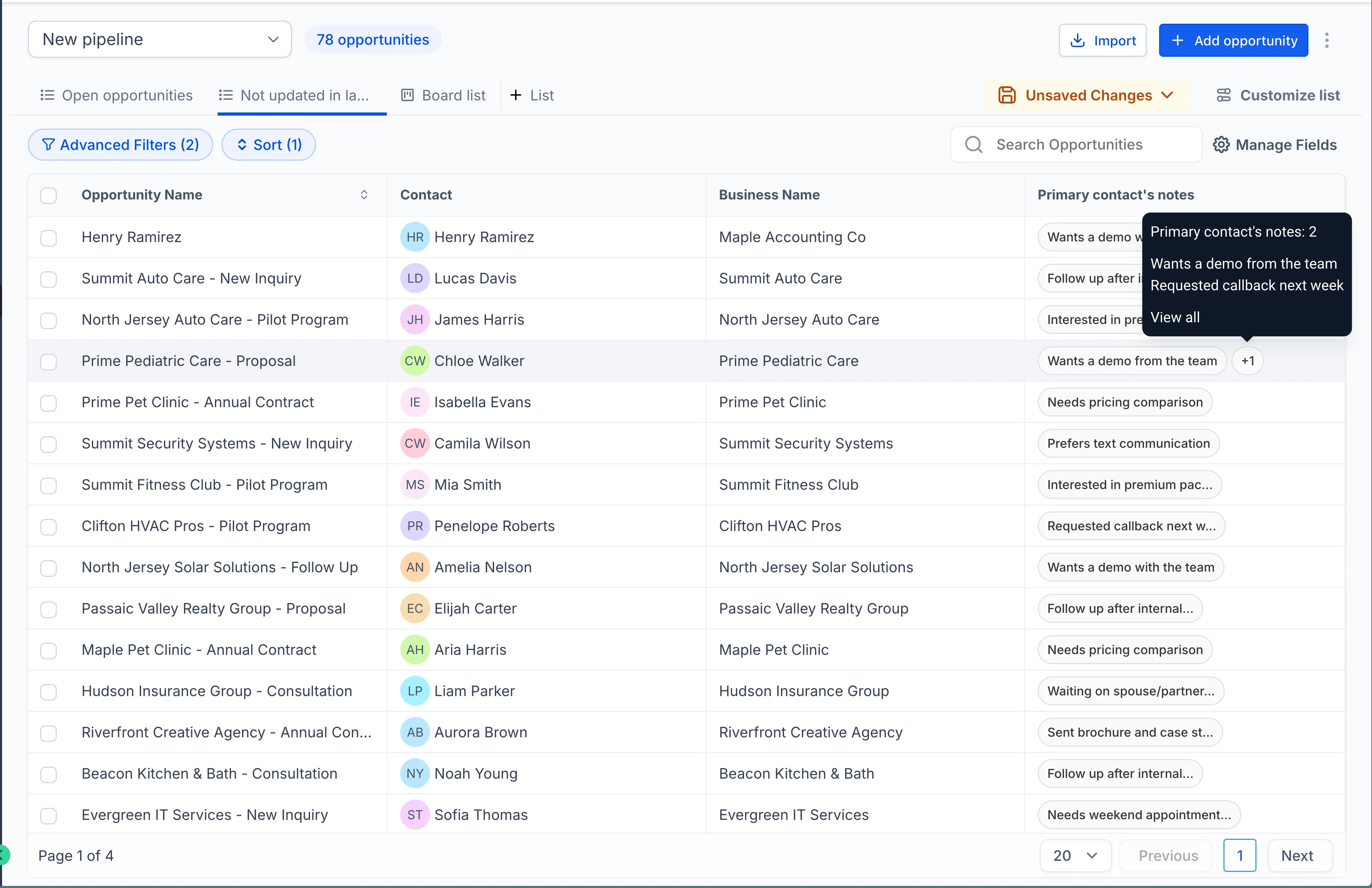 Primary Contact Notes column in Opportunities List view