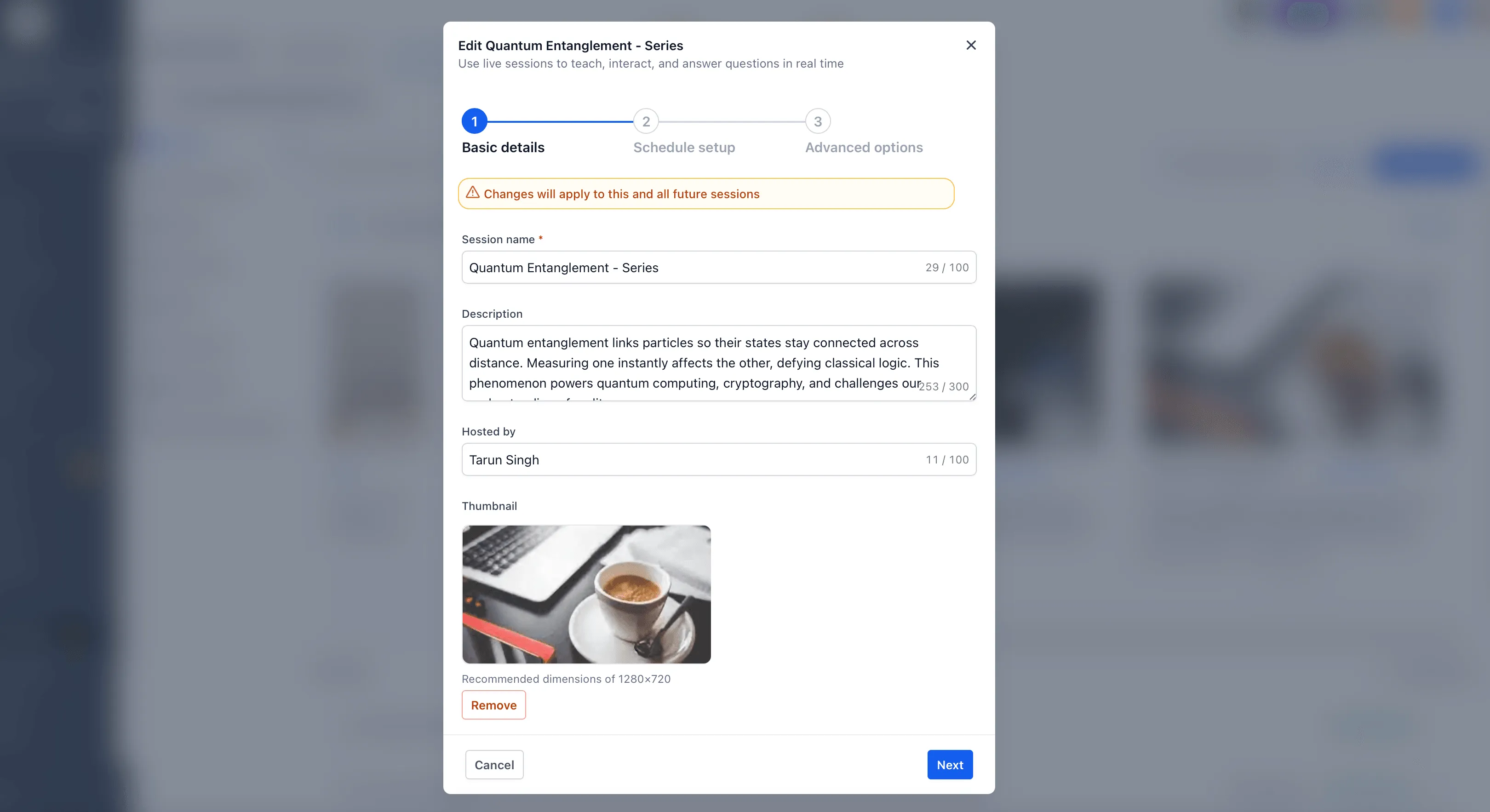 Live session controls and notifications