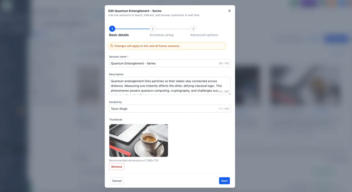 Course live session notifications