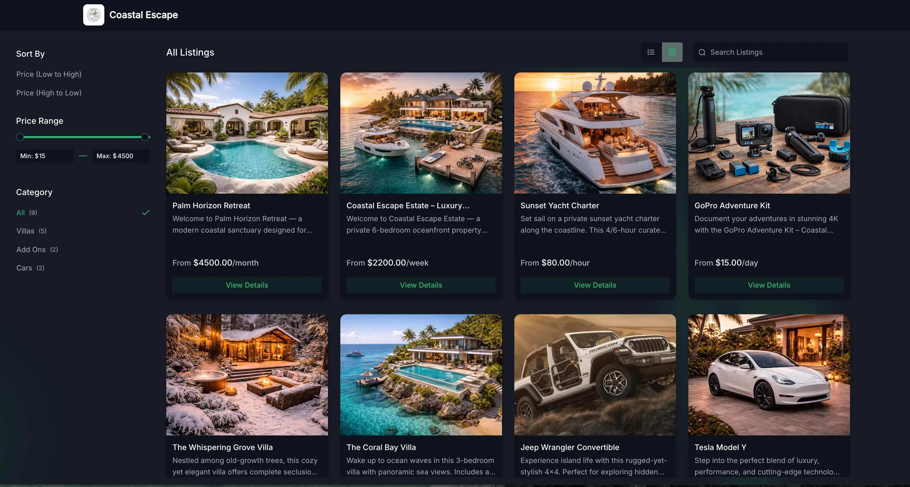 Rental booking page directory