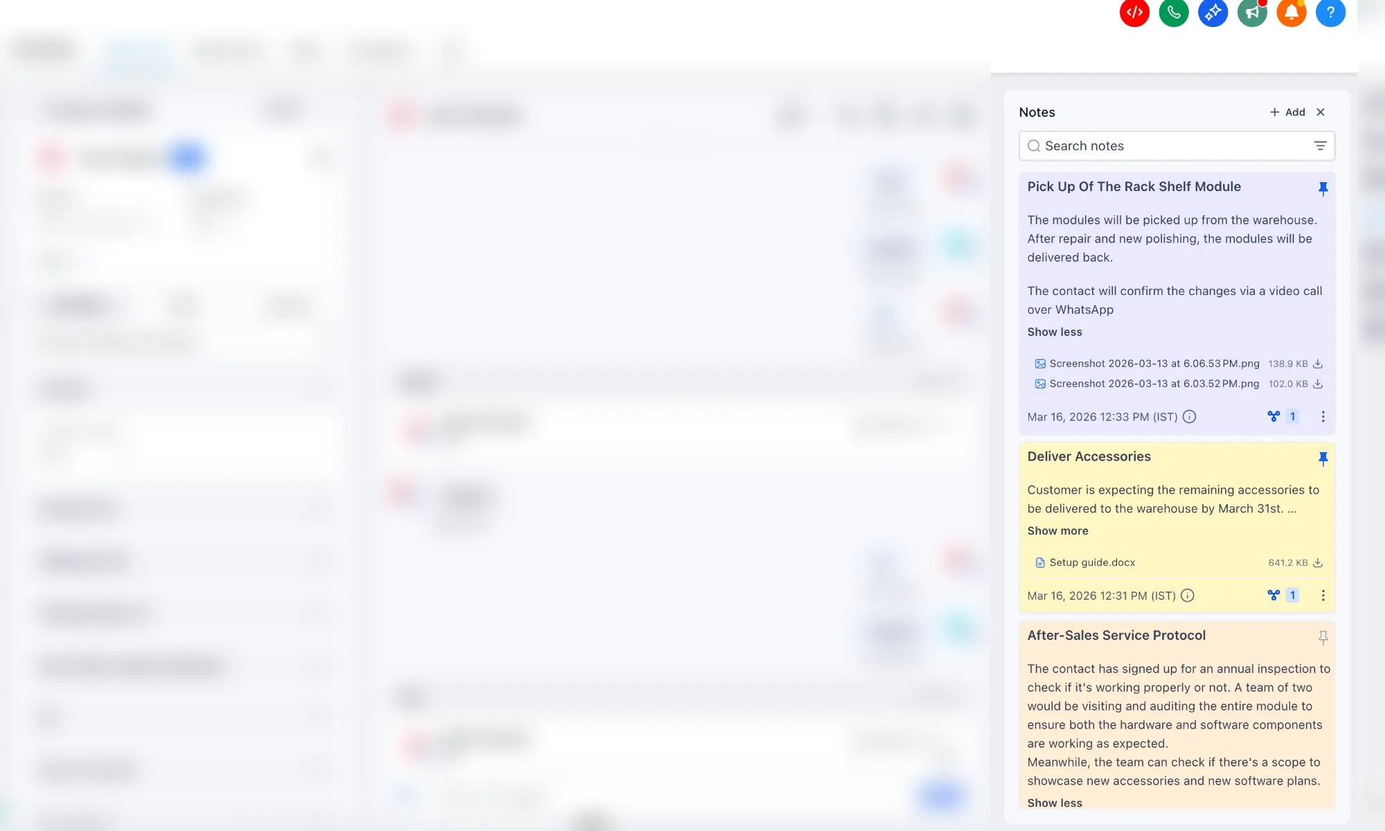 Pinned notes on the contact timeline