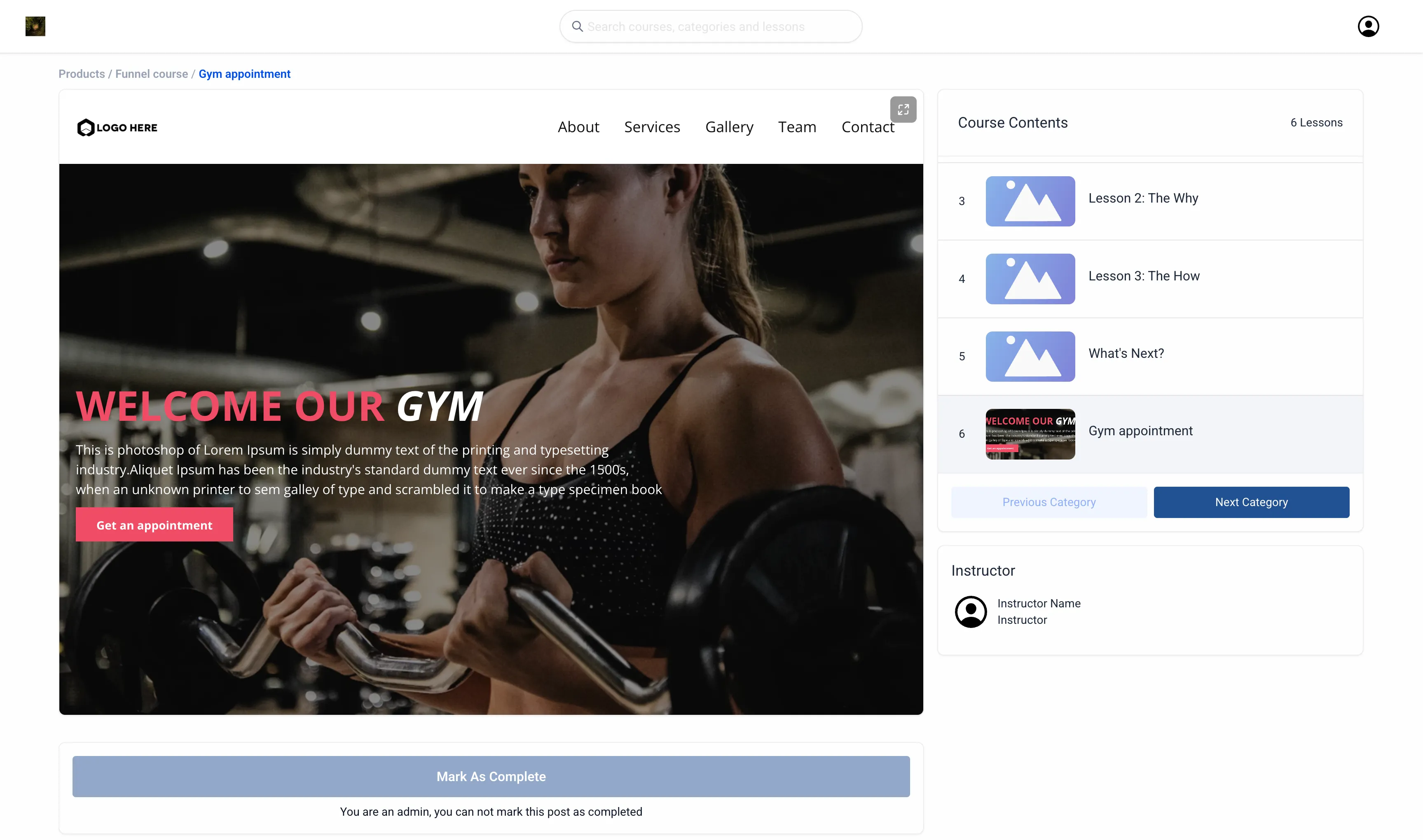 Editing a funnel lesson inside a course