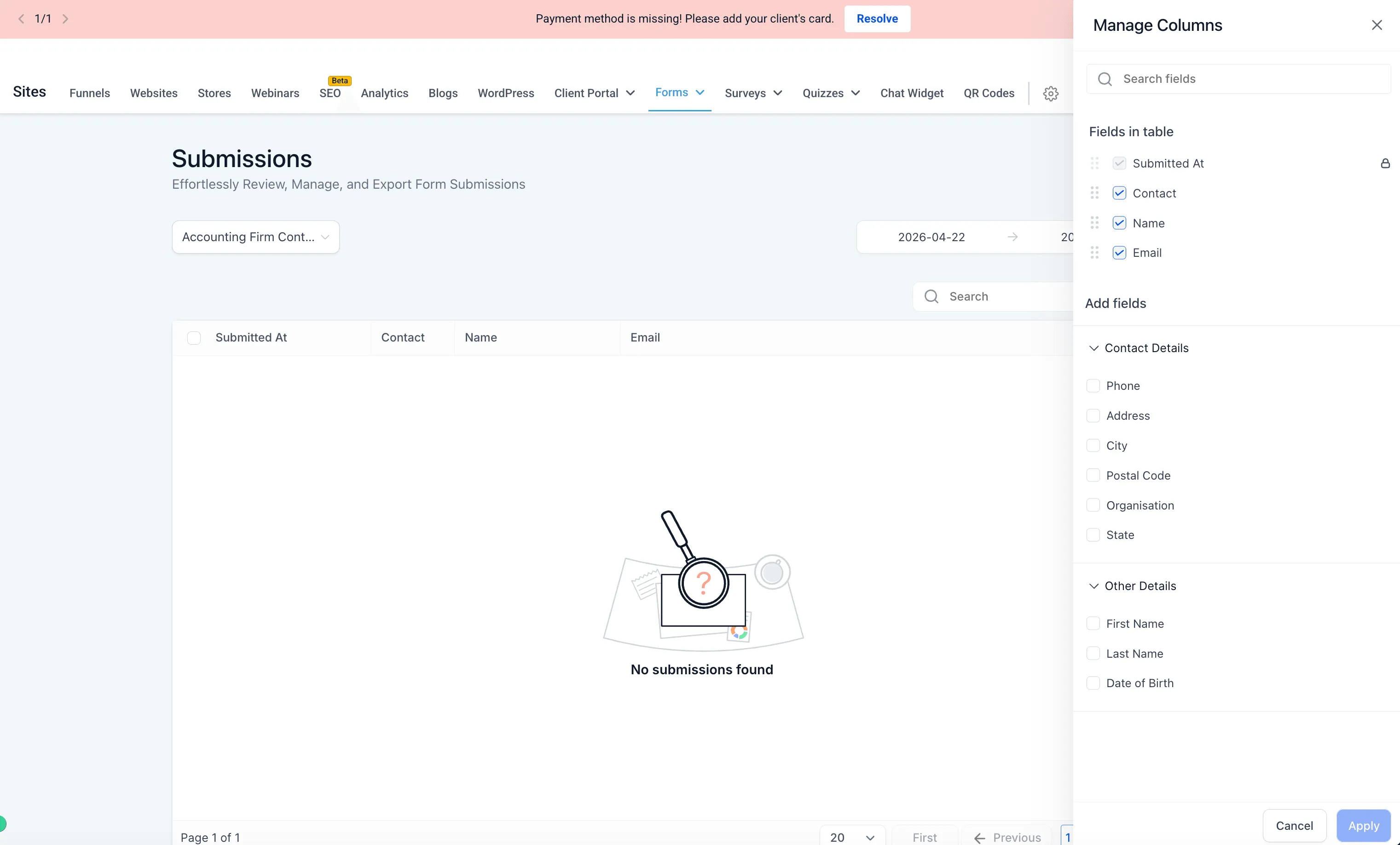 Submission fields management view