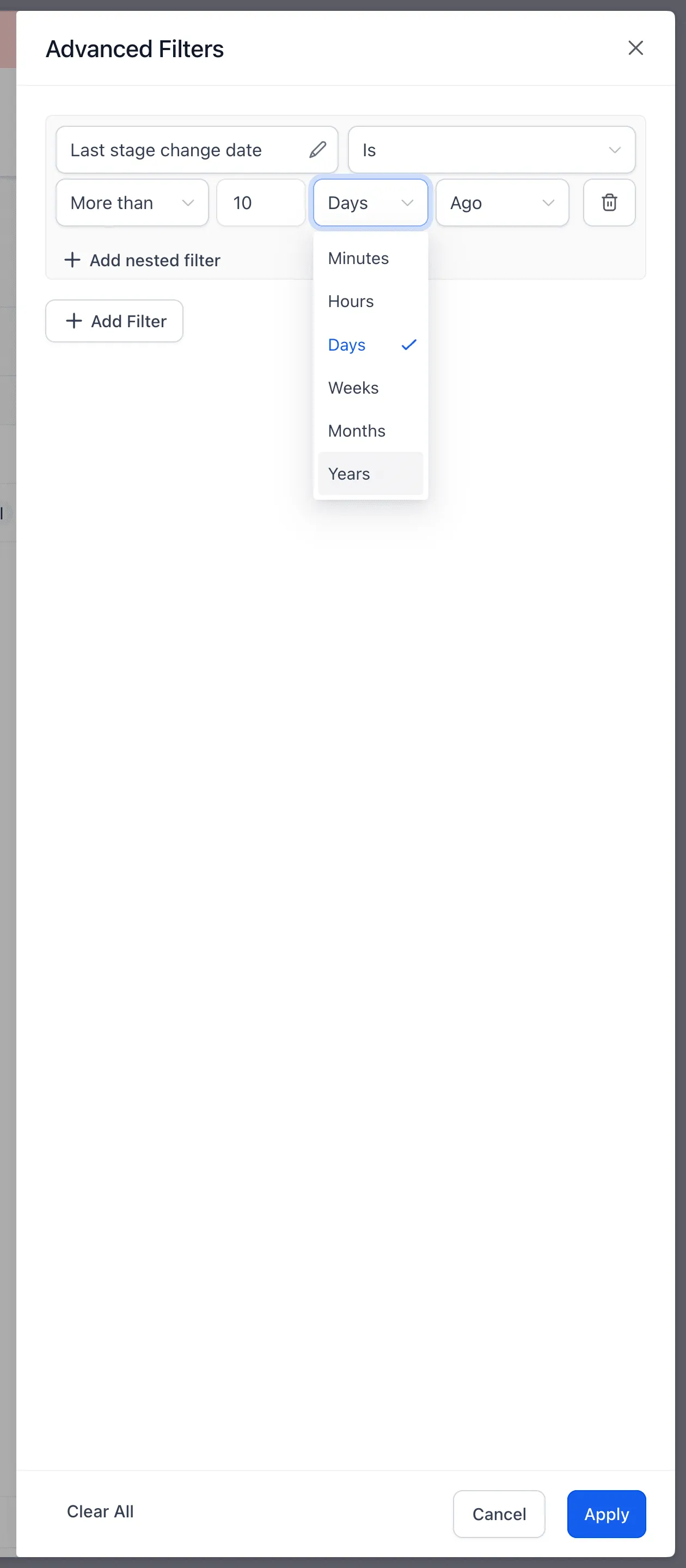 Relative date filtering options