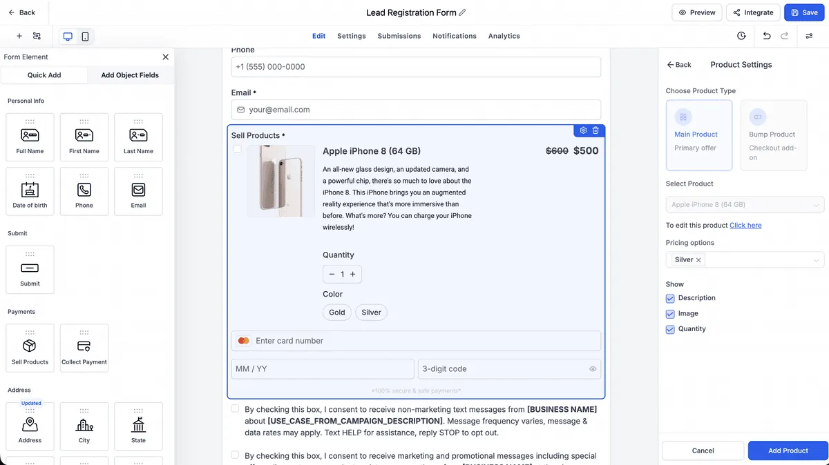 Price and variant selection summary