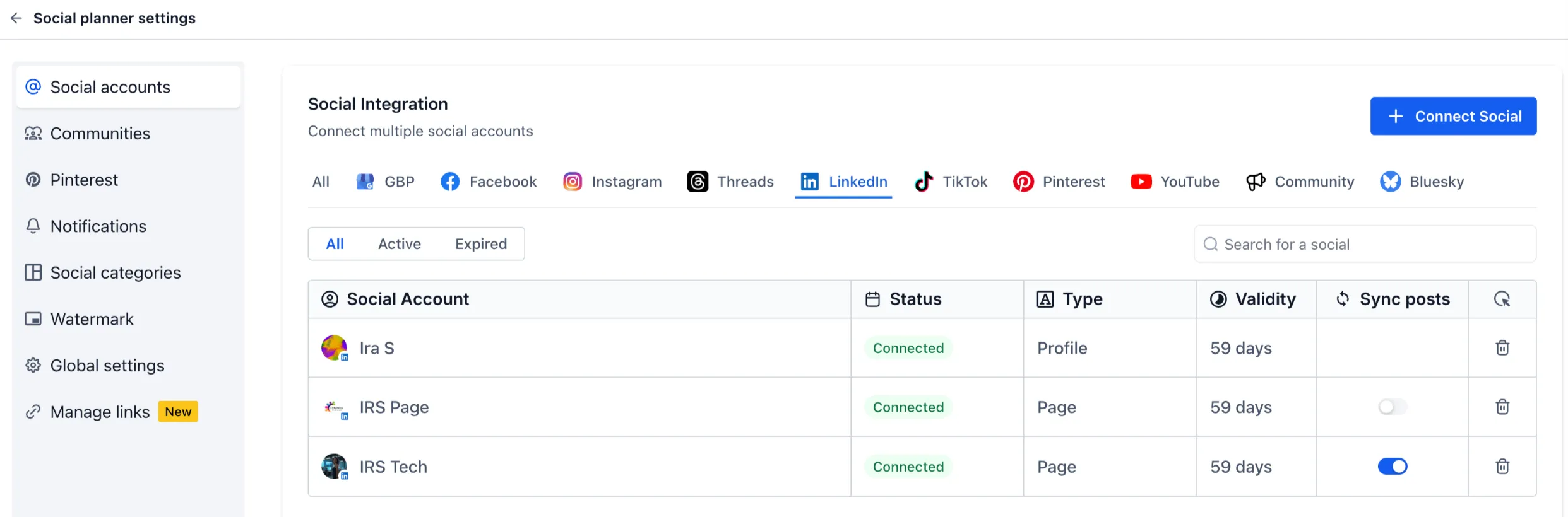 Post Sync settings in Social Planner