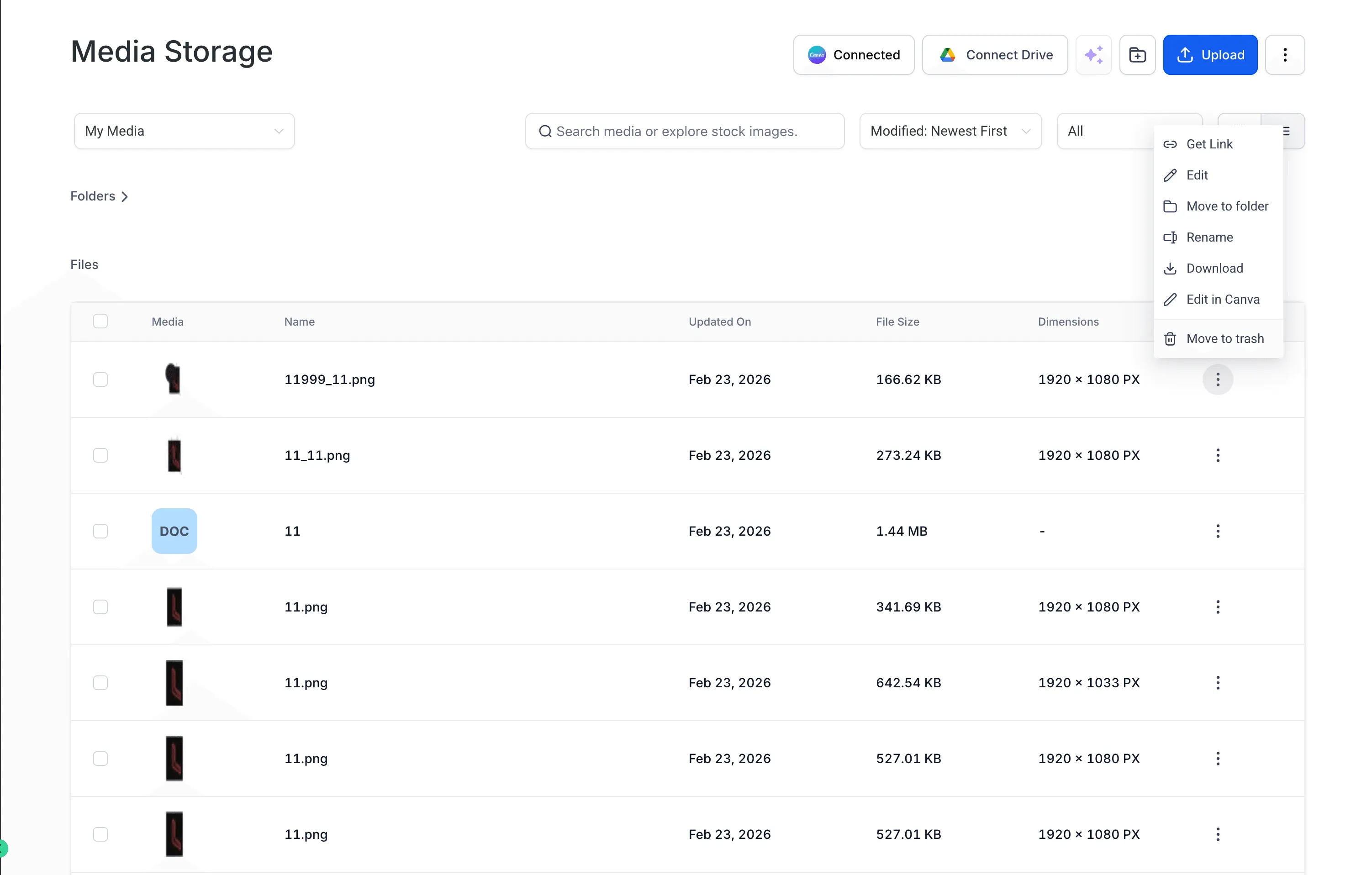 Canva assets in My Media