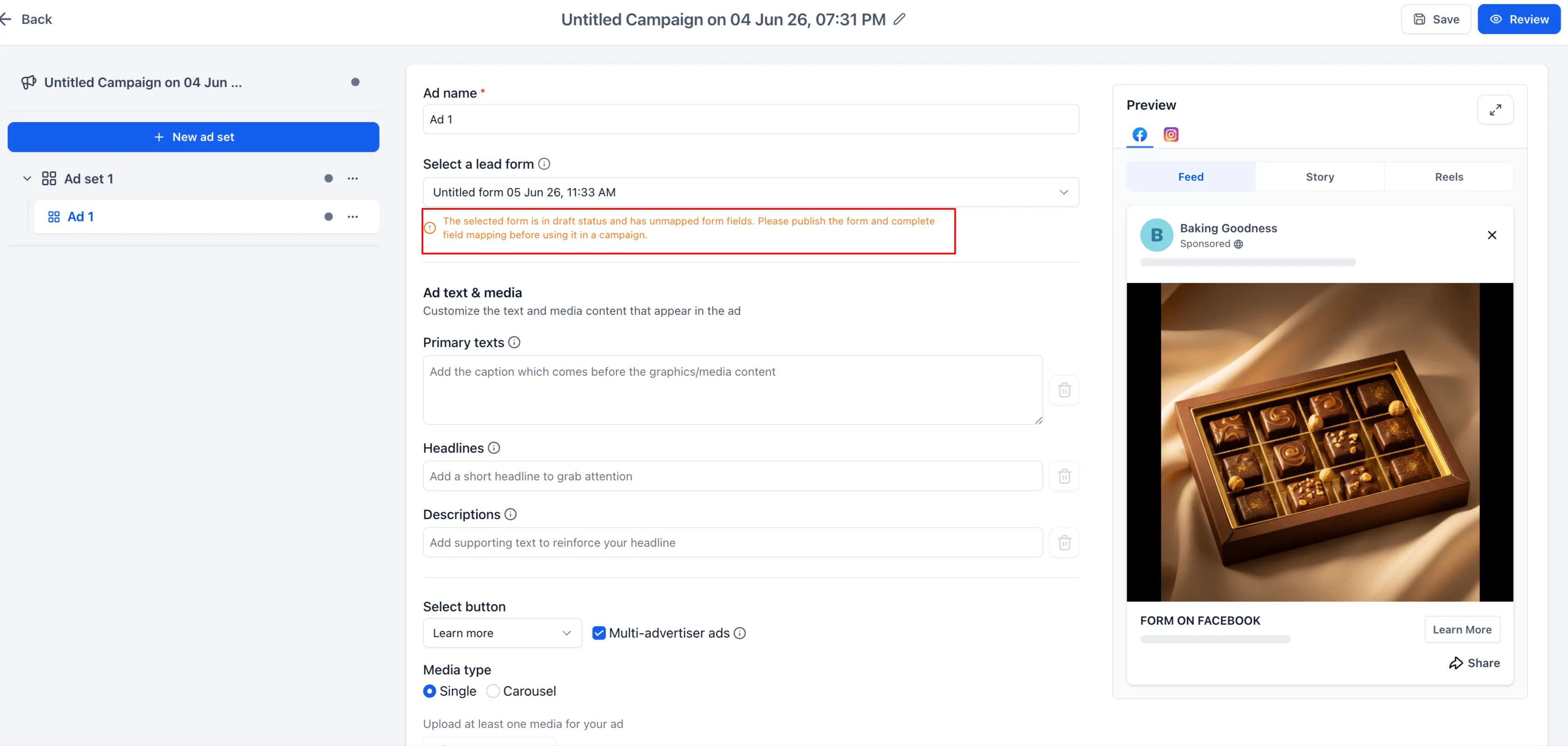 Validation message for a draft form with unmapped fields