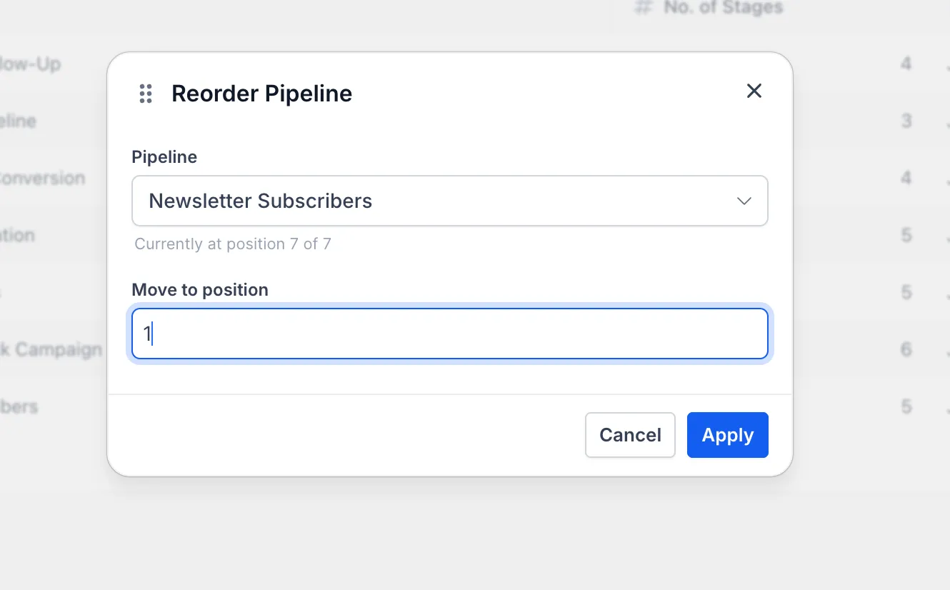 Move to position dialog for pipeline ordering