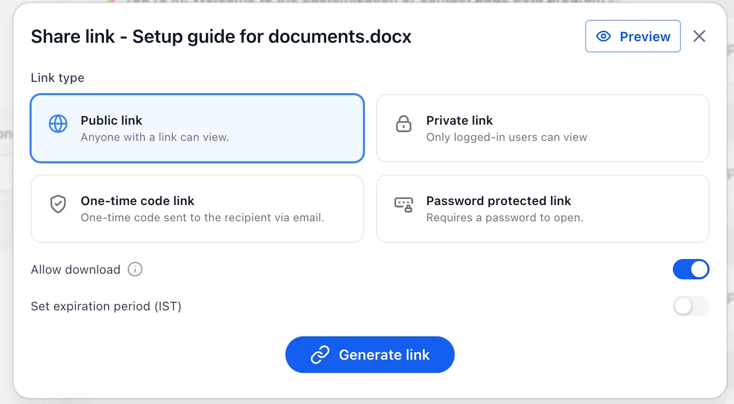 Private link sharing for existing documents