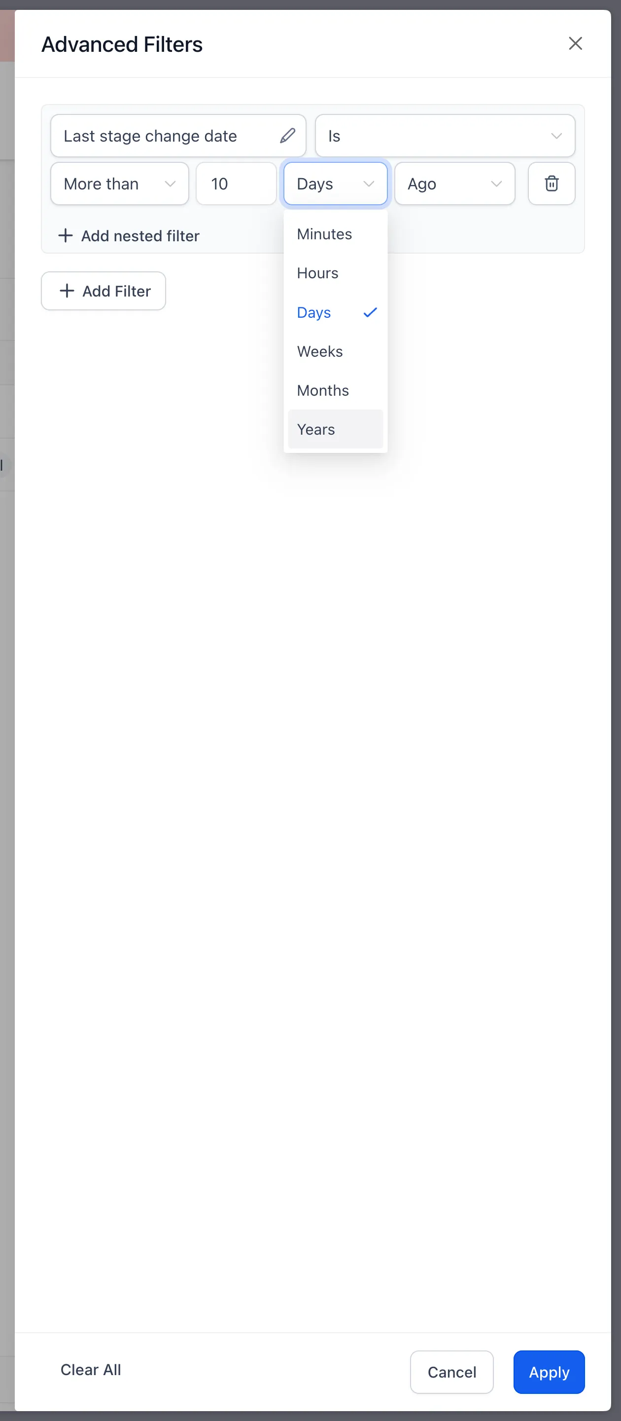 Relative date filtering options