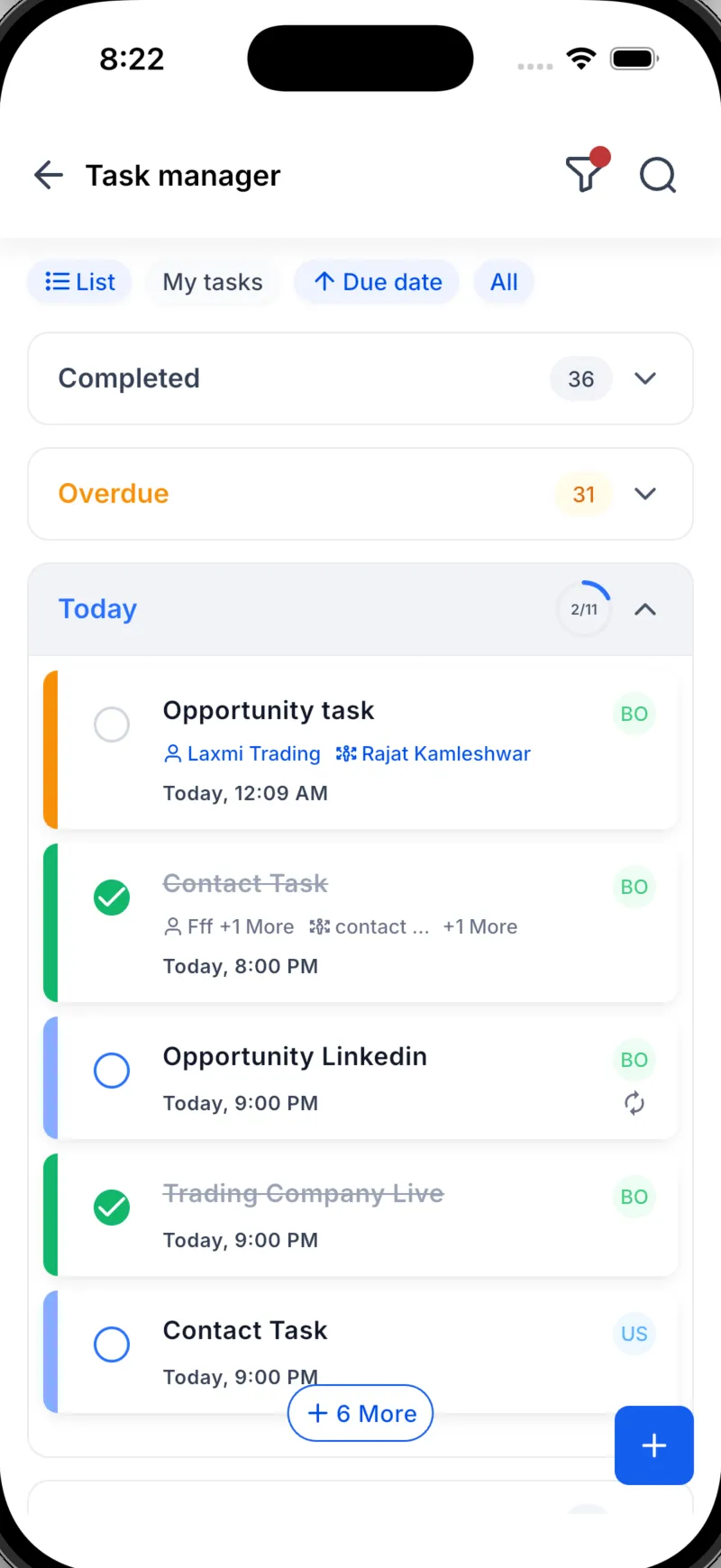 Board view for tasks in the SMBcrm Mobile app