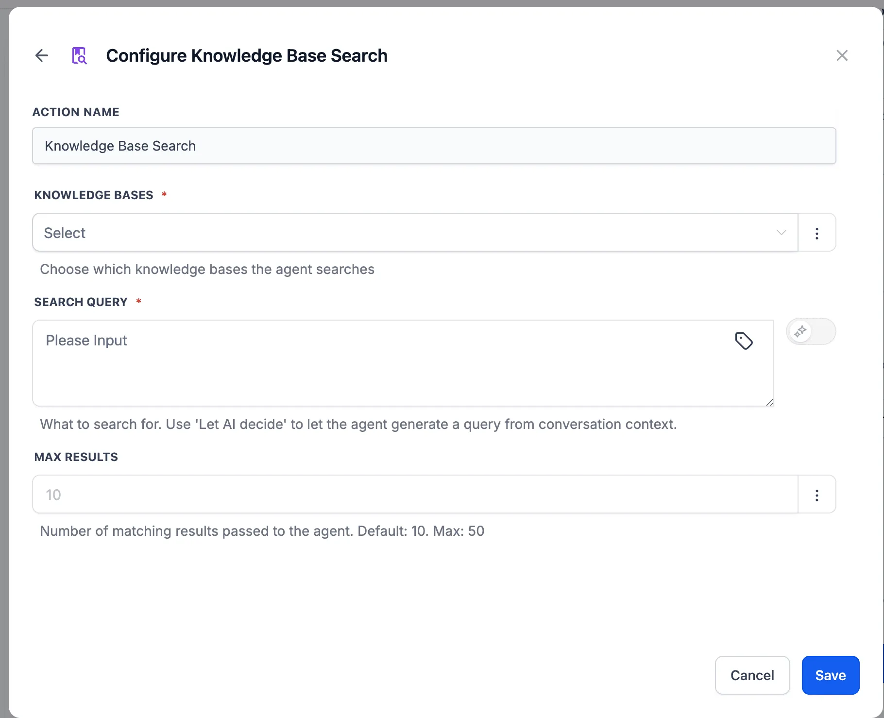 Knowledge base selection for AI Agent actions