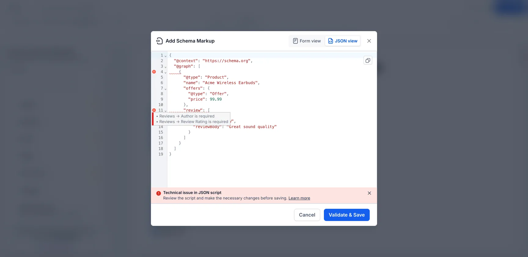 Schema markup JSON view