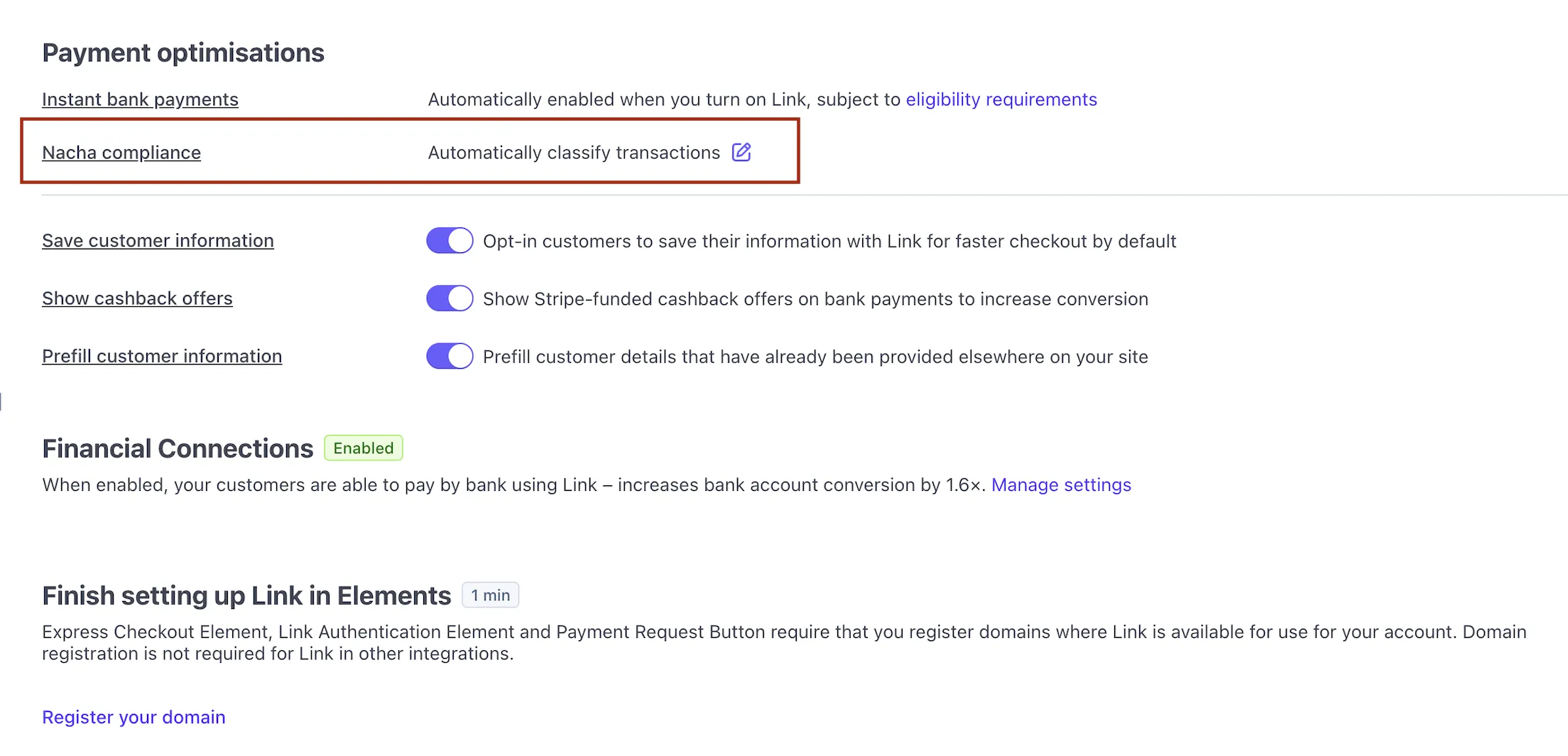 Stripe Nacha compliance settings