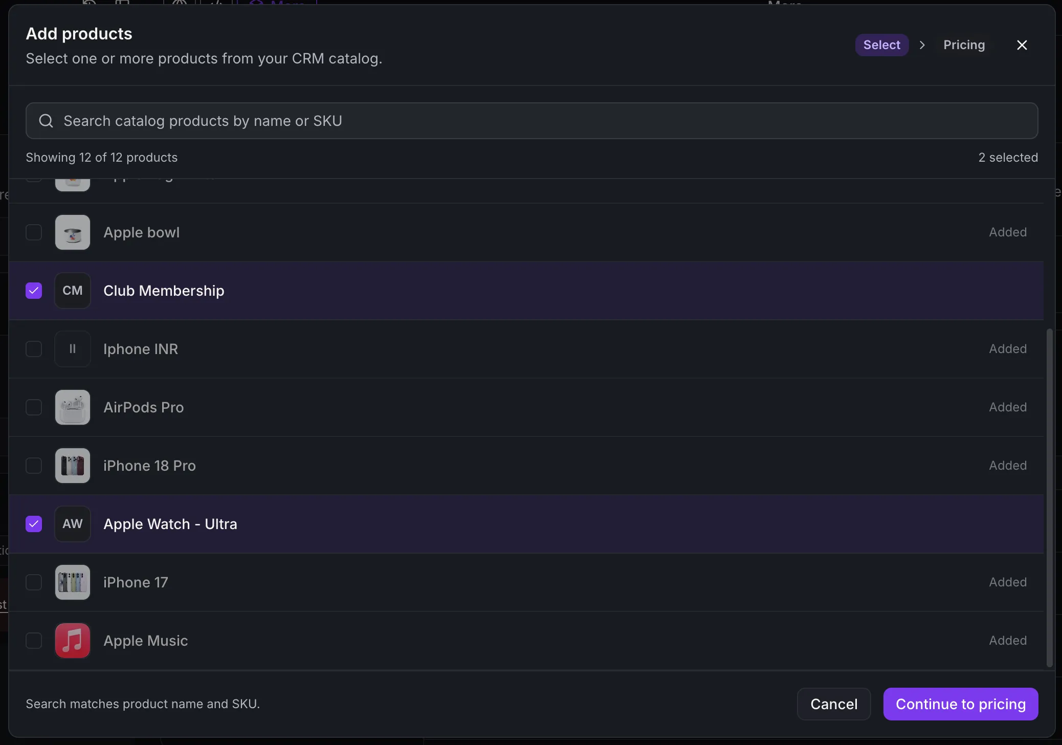 Catalog product picker with two products selected for the app