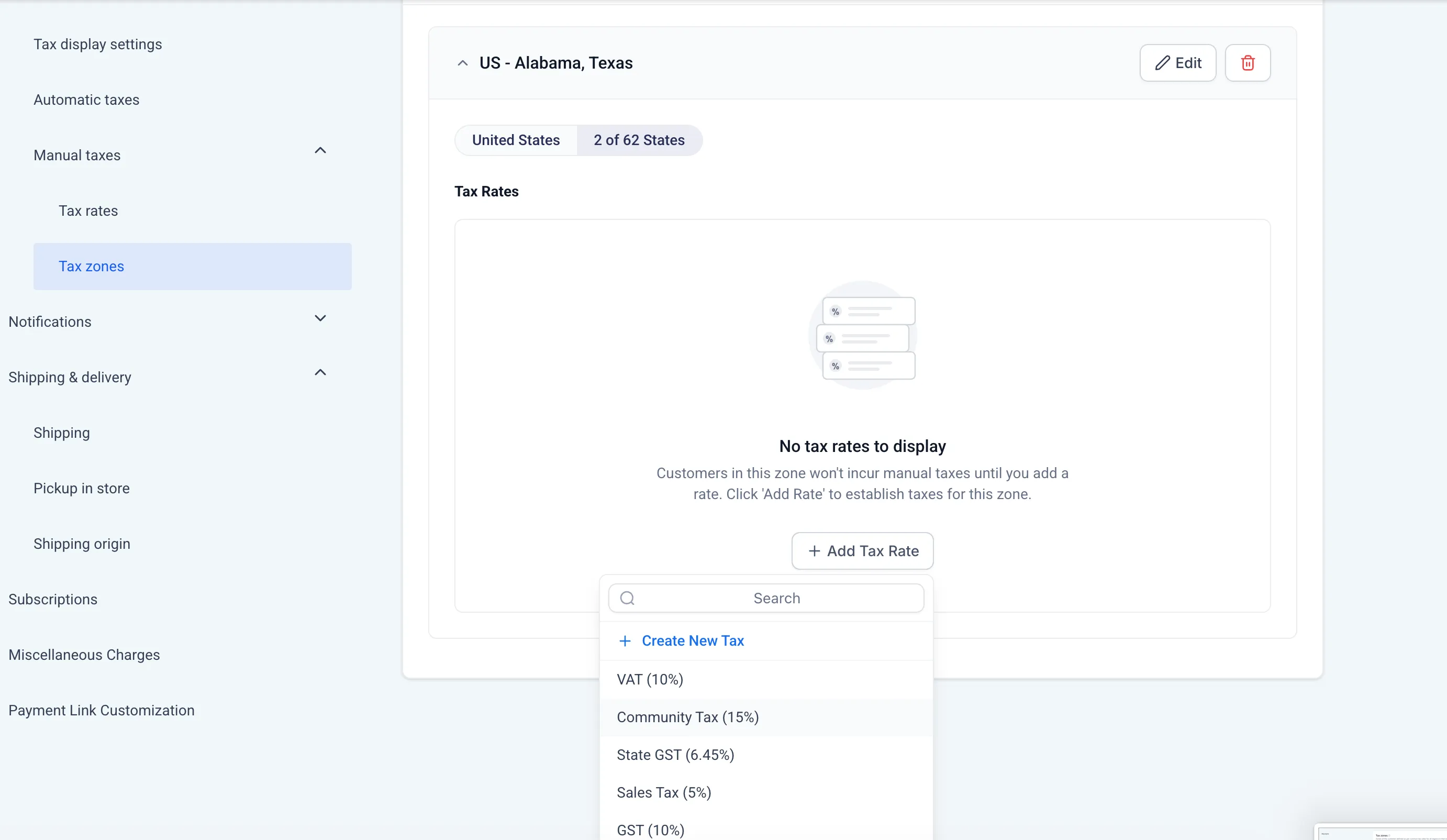 Tax-rate selector within a manual tax zone