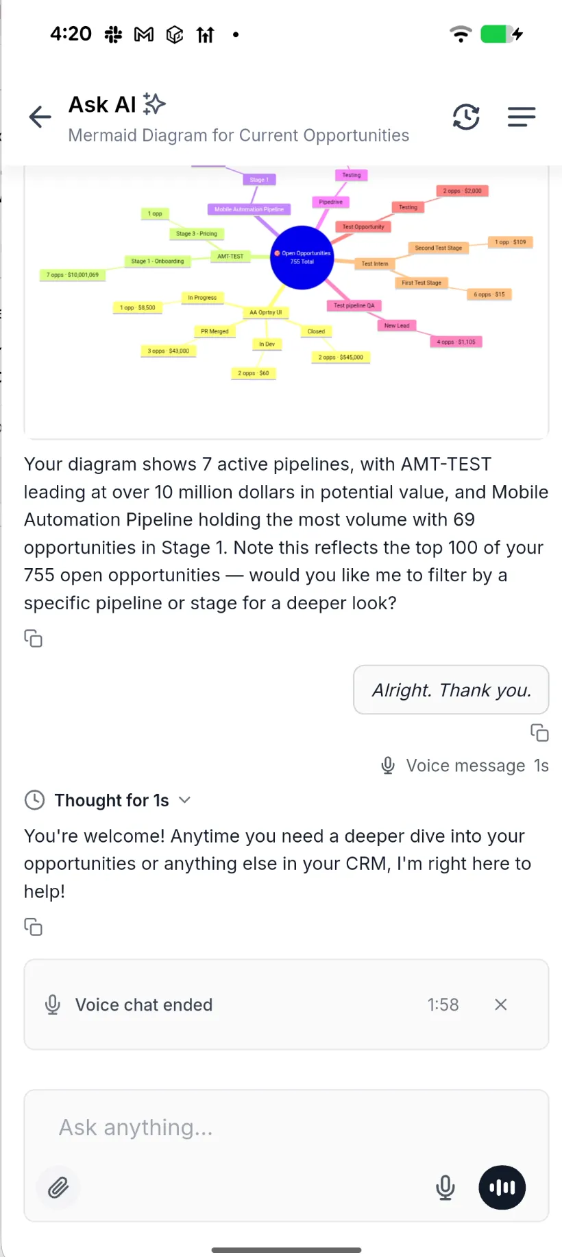 Ask AI mobile conversation showing a generated diagram and voice transcript