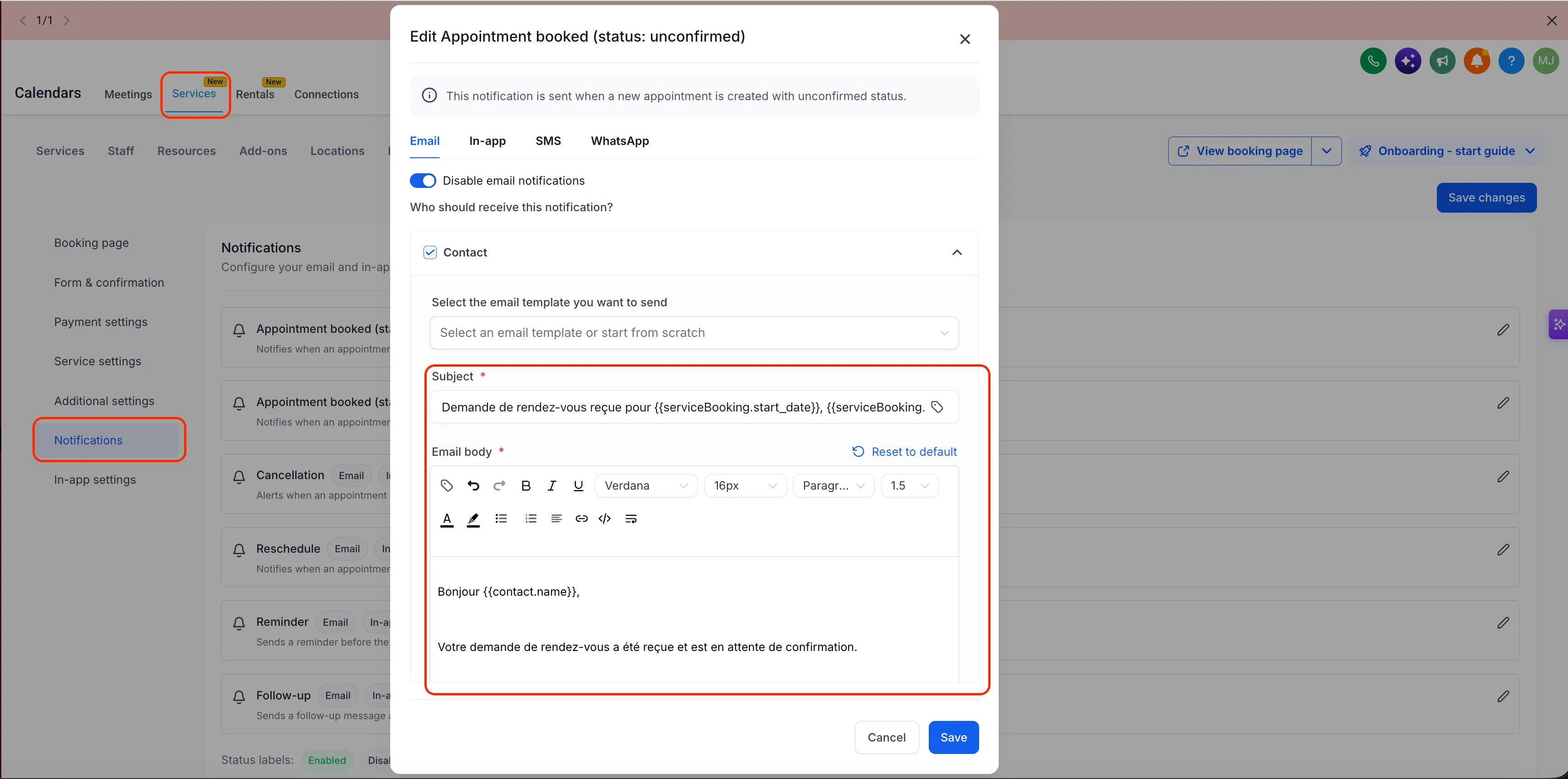 Service appointment notification editor with a translated email subject and message